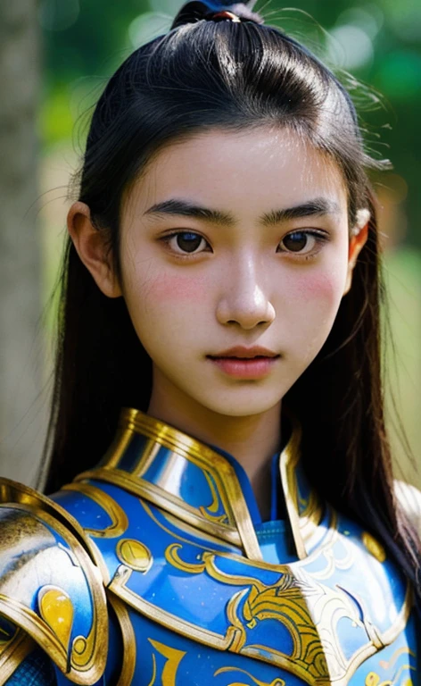 Portrait of an Asian girl, 20 years old, (Masterpiece), (true), (Weird armor, extremely detailed), Bright metallic reflections on armor, ánh nắng gay gắt, Sharp focus on the girl&#39;s face, (film grain, hậu cảnh mờ, blurry foreground, blur effect, High image depth, sunset, motion blur)
