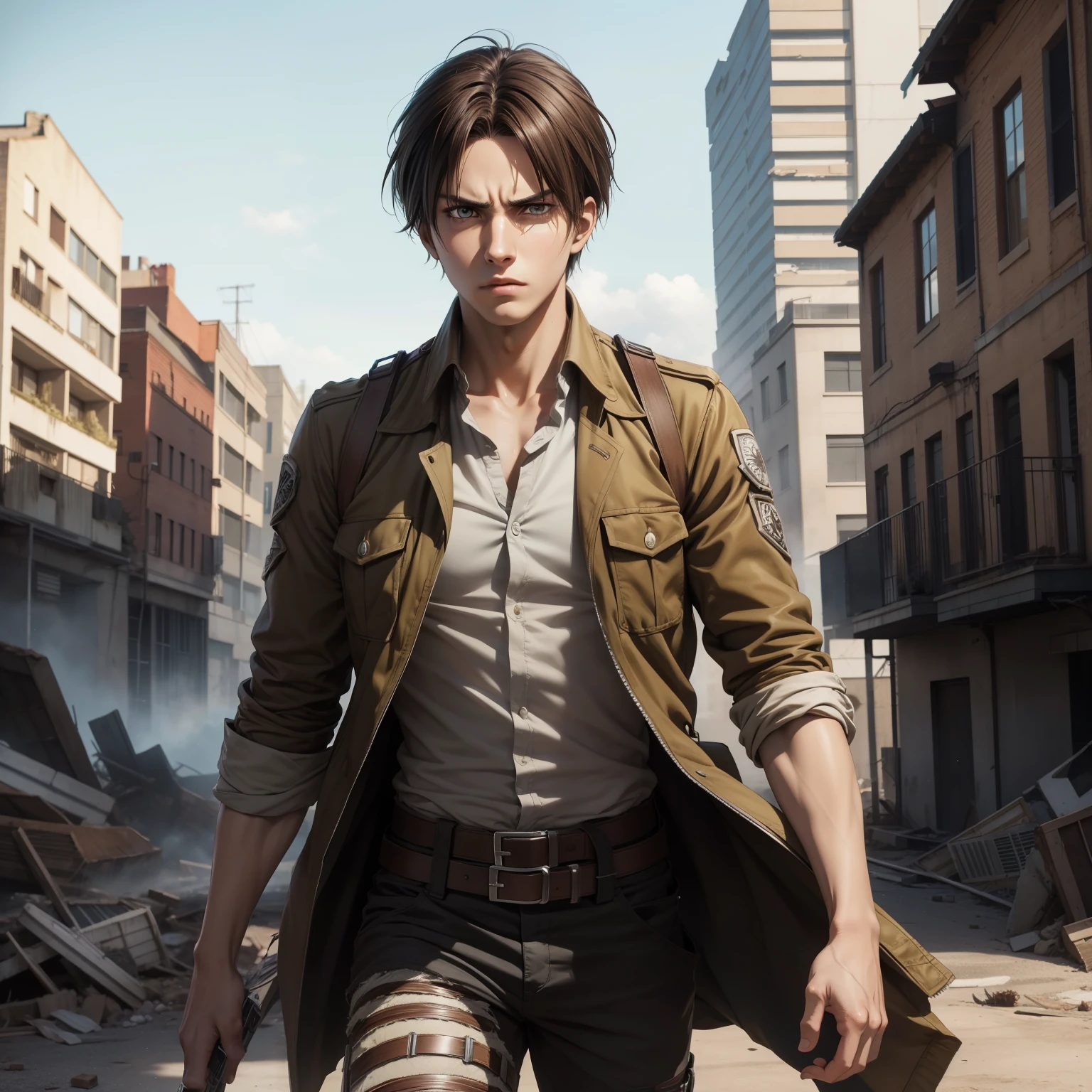 Eren Yeager Character from Anime Attack On Titan, Realistic Anime style, Handsome boy, cool boy, serious face, Attack on titan uniform, Brown hair, Background of destroyed buildings