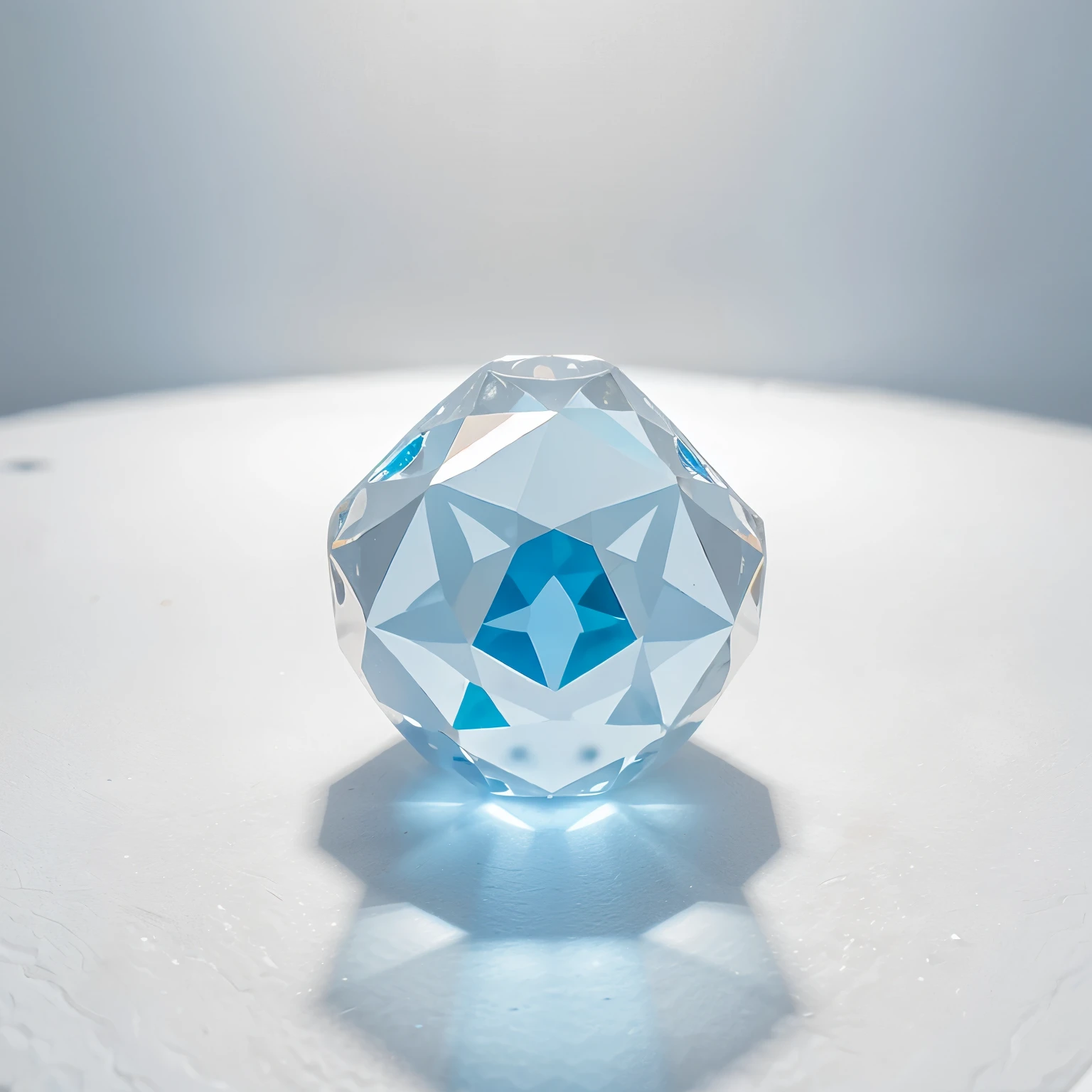 12 colored gems with different shape, standing on the white tiled table, background having white crystals with light blue hue