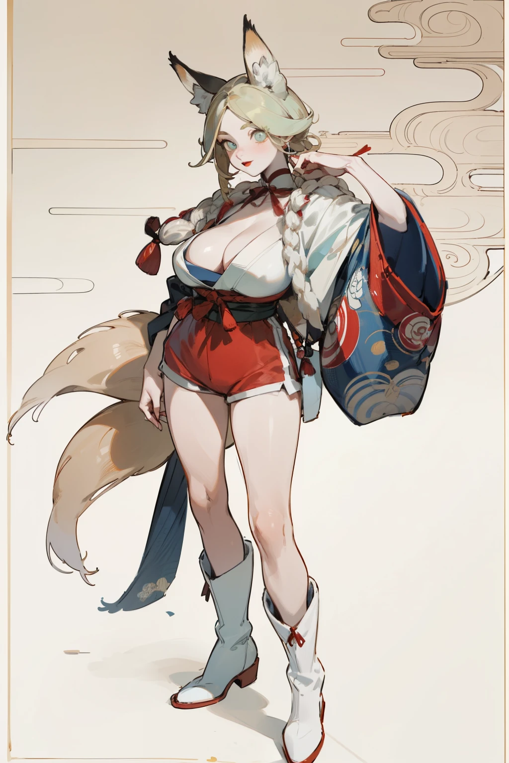 Upper body standing painting, White skin, (Fox ears), Exquisite eyes,Red Eyeshadow, Red lips,White shorts,Fake laugh, Ukiyo-e, masterpiece, high quality, at the lowest limit, Tiny,White boots,Huge breasts
