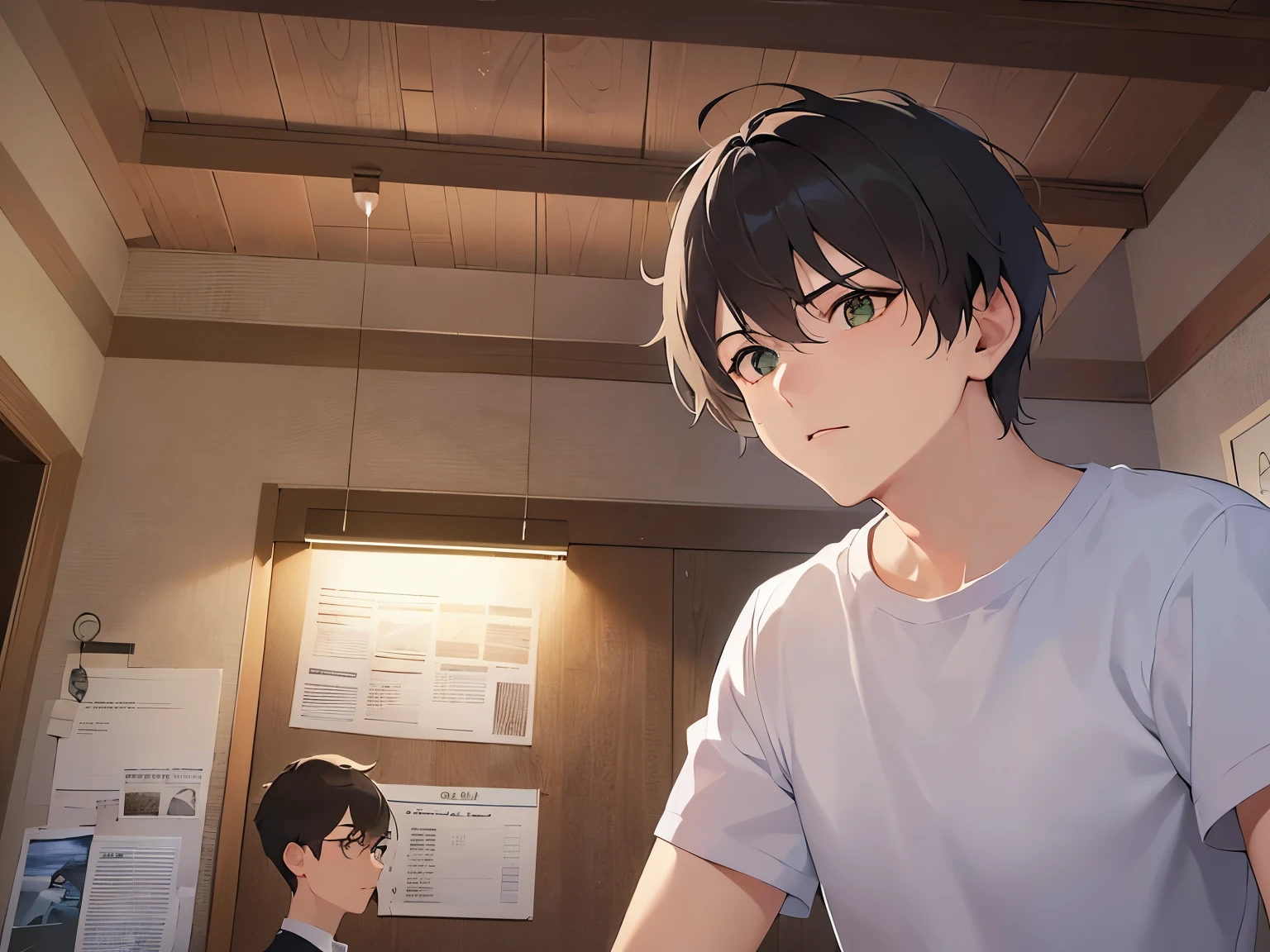 nude、toplesasterpiece、highest quality、(25-year-old male:1.5) and (Brown short hair) and (Green Eyes), Are standing、confused、open mouth, (Alone:1.5)、upper body