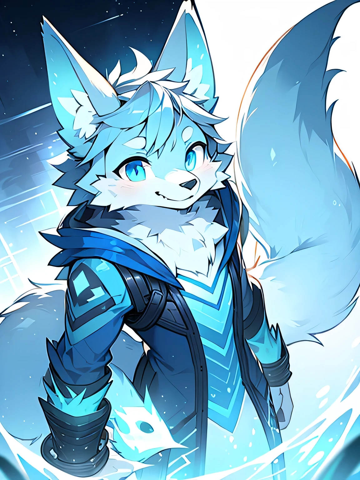 Rystal, Star Fox, Male, (A detailed), fluffly, Solo, , fotorealistisch, ((clear structural details)), Meticulous and realistic, detailed eyes, (Turquoise blue pupils), ((Silvery-white glowing eyes)), Evil smile, Smile, slenderness, soft, 4K, Excellent quality, high detal, Detailed fur, ((The tail is in the right place) ，Light blue latex coat