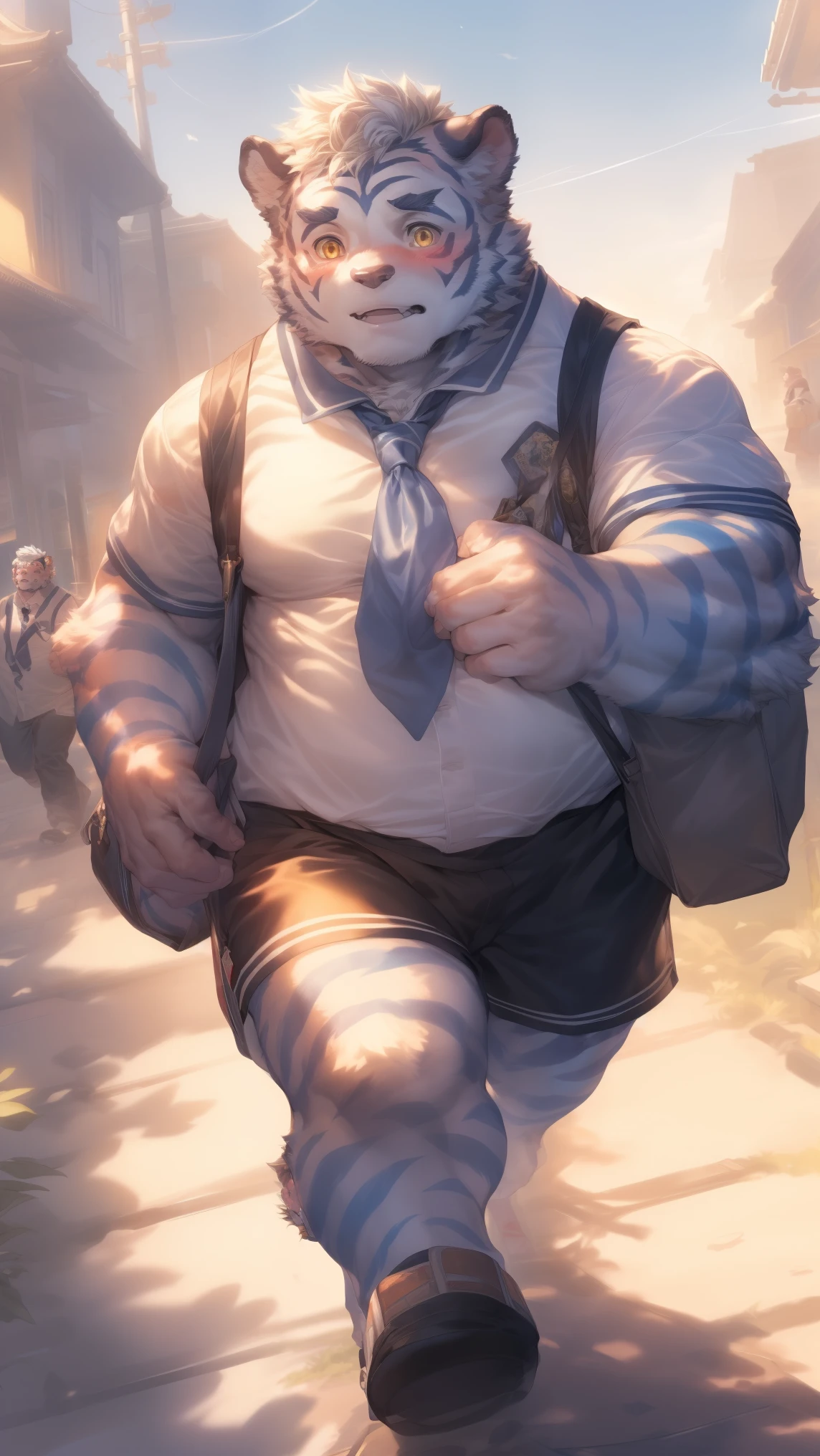 (through empty ghost, From thebigslick, through dark gems, Will chase), Keyuan Tower (Onmyoji Daisenji Temple), High quality photos, Perfect anatomical structure, Anthropomorphic white tiger, Men, 16 years old, thick eyebrows, (short hair:1.5), Light blue stripes, Strong body, pectoralis major, Light blue school uniform, Black bow tie, Black shorts, Small bump, Carrying a school bag, Walking on the road,Shy expression, blush, Golden pupils, Look at the audience, Clear facial features, Strong, Solitary, solo, Front view, Full body image, Fog atmosphere, On the streets of the city,Roadside trees,Roadside bench,mailbox,Correct gestures