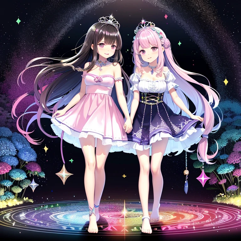 A colorful fantasy world,Two women walking hand in hand,Rainbow Road,Iridescent tree々,A sparkling river flows,Unicorns running around,Fairies are flying,Ai Fukuhara,Pink Dress,I can see a little bit of her white panties under her skirt,long hair of dark purple color,Flower crown,Black-haired woman,Large breasts