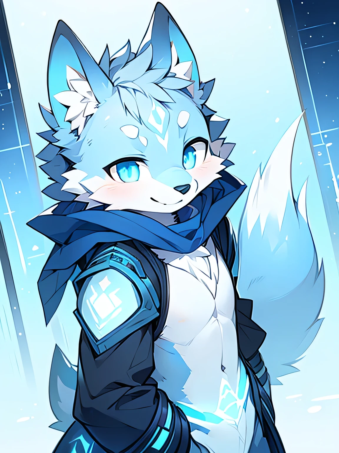Rystal, Star Fox, Male, (A detailed), fluffly, Solo, , fotorealistisch, ((clear structural details)), Meticulous and realistic, detailed eyes, (Turquoise blue pupils), ((Silvery-white glowing eyes)), Evil smile, Smile, slenderness, soft, 4K, Excellent quality, high detal, Detailed fur, ((The tail is in the right place) ,Light blue latex coat