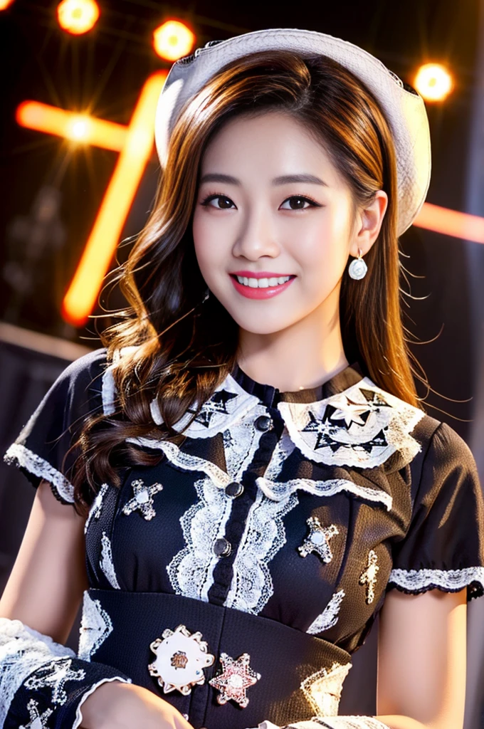 (highest quality, High resolution, masterpiece:1.3), 1 young japanese girl posing for the photo, Slender figure beauty, (smooth pale skin), Small face, Breast enhancement, loose curled medium shiny brunette with highlights, Precisely expresses details such as face and skin texture, Dark brown eyebrows, moist eyes with dilated pupils and large irises, double eyelid, thick plump big lips, big smile, Concert makeup, (Full lace mini flare dress), necklace and earrings and bracelets, (cowboy shot:1.4), (low position and low angle shot), A person in the center left and right, The whole head is shown, Professional cinematic lighting