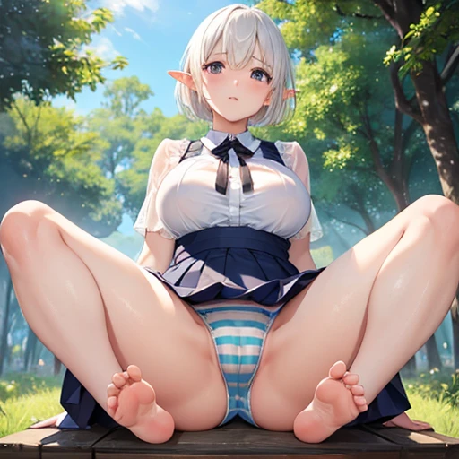 masterpiece, highest quality, High resolution, short hair, Short skirt、Drooping eyes,Outdoor,barefoot,Looking up,Embarrassed face,Angle from below、Big Breasts,Spread your legs、Elf Cosplay、Striped underwear、See-through、White Hair
