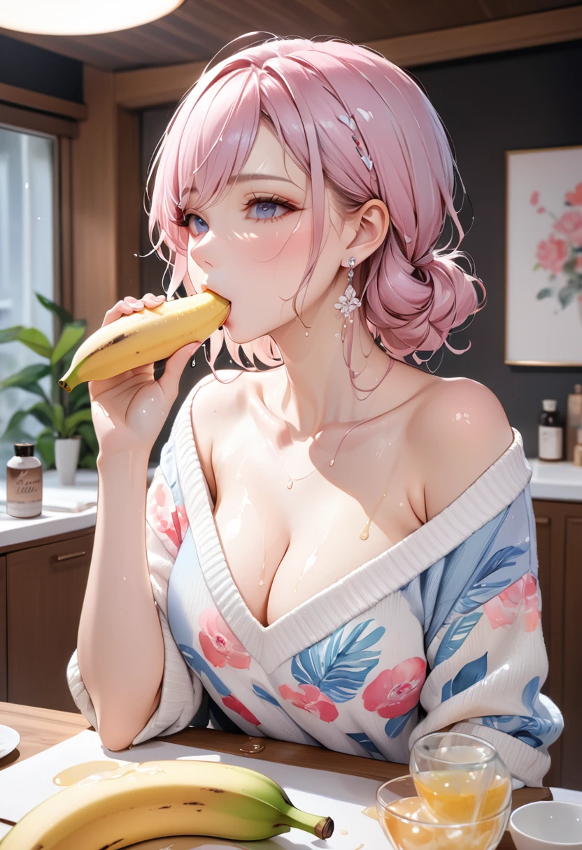 (masterpiece, best quality: 1.2),woman,，colloid， Sexy eyes，The expression of a kiss，Wet pink and white sexy lips， colloid皮肤，Full figure，earrings（（Watercolor pattern sweater））eating banana