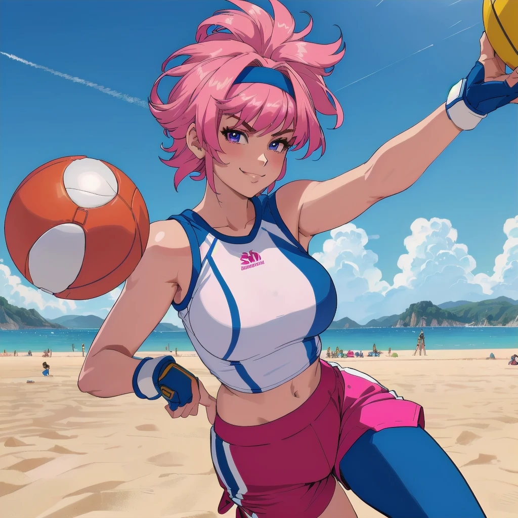 imagined a girl in extreme sport outfit playing to a flying disc game in a beach arena game sport, masterpiece, ultra-detailed, 80's anime (style), 2D, megapixel, perfectionism, full HD , 4K, (windjammers), windjammers sport game, windjammers 2 (((((solo mature anime woman,)))))++++++++++++++++++, looking at viewer, full body, brown hair and pink hair, short hair, weird hair, smile, lips, eyelashes, medium breasts, gym uniform, uniform, gym shorts, headband, sports bra, elbow pad, knee pad, extreme sports outfit 80's theme, beach background, playing flying disc game on a beach court game, sea, sun in the sky, sports wear