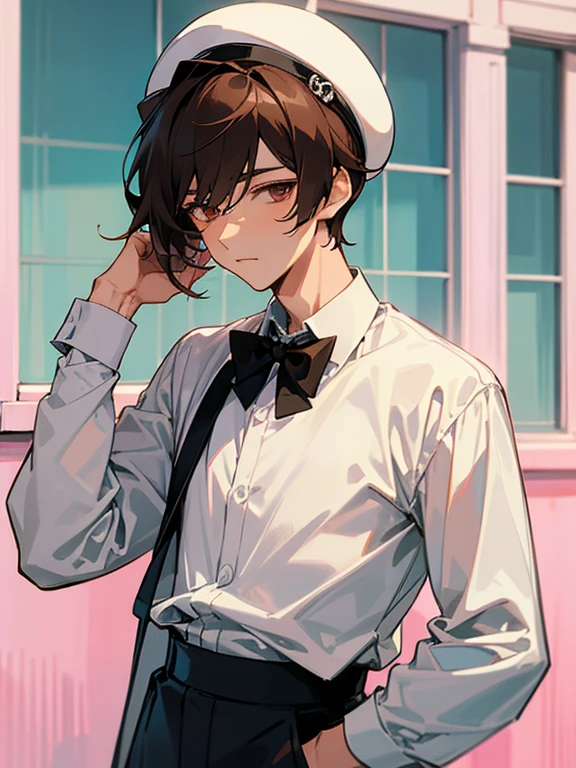 cartoon of a young man standing, with a black loop bow tie and with a white milkman hat, ddlc, in the art style of 8 0 s anime, 9 0 s anime style, 90s anime style, in anime style, in an anime style, anime aesthetic, anime vibes, 9 0 s anime aesthetic, 9 0 s anime art style, lofi boy, typical anime street background, beautiful background window, one young man, beautiful face, young man, don't extra hands, NO extra hands, generate a young man with NO extra hands, NO extra arm, white shirt, white milkman hat, tired eyes, beautiful tired eyes, brown short hair, brown hair, short hair, dark eyes, beautiful tired dark eyes, cute anime young man, based on Francis Mosses from that's not my neighbor, Francis Mosses the milkman, Francis Mosses the milkman from that's not my neighbor, beautiful face, sexy face, pretty pose, beautiful body, beautiful sexy young man with white shirt