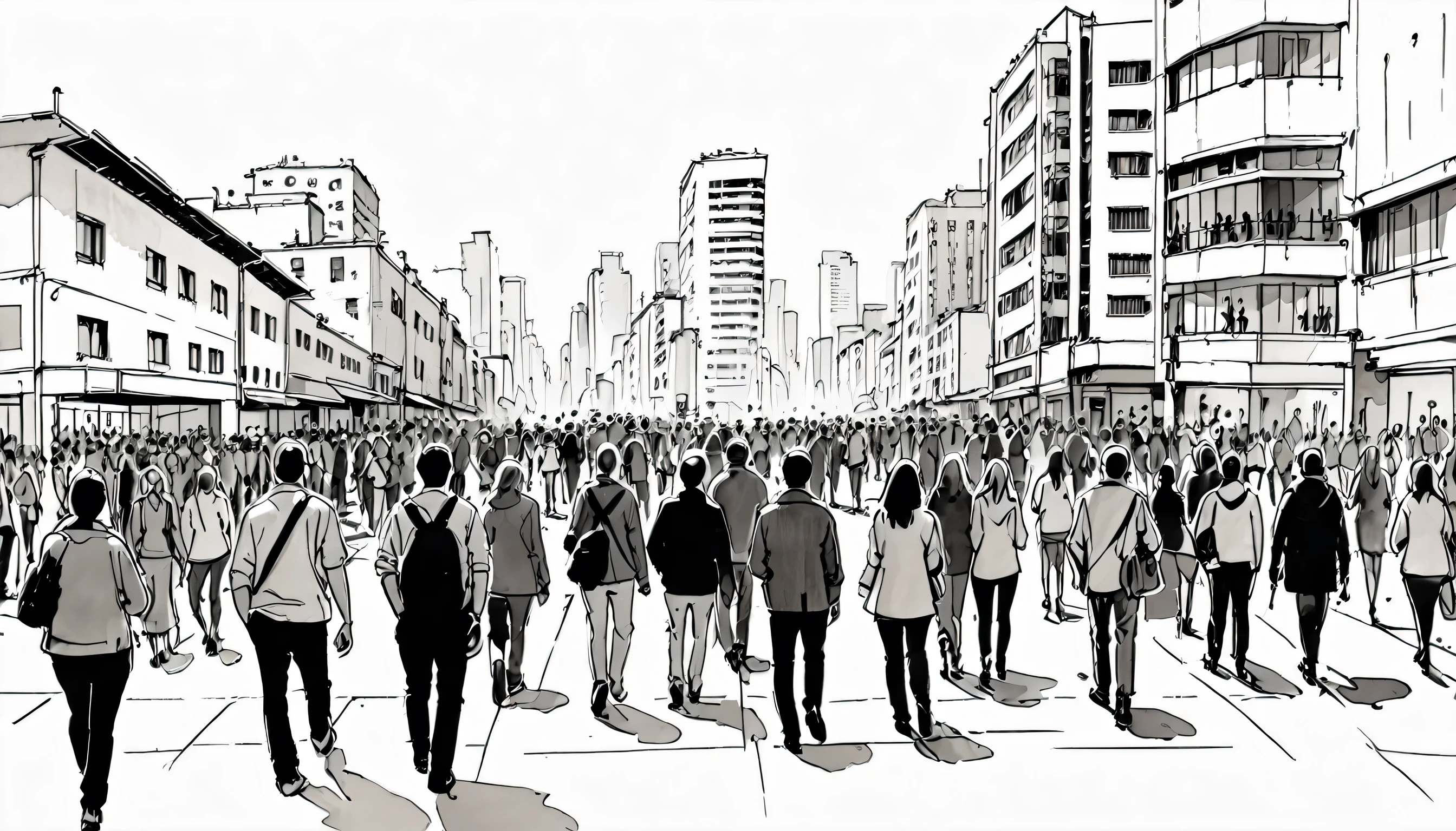 crowd of people walking ink sketch isolated on white background urban sketching panorama view