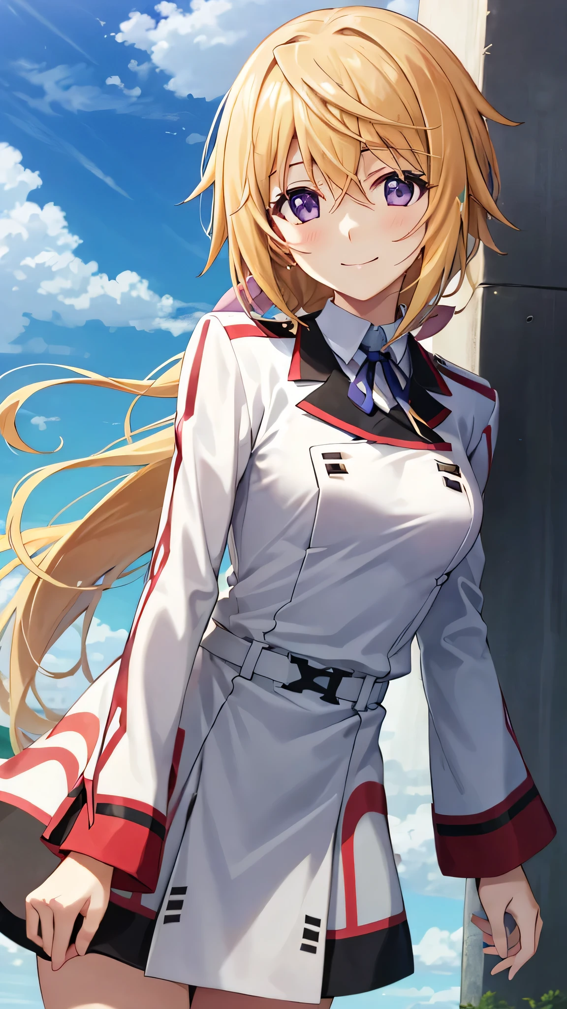 {{{masterpiece}}}, {{{best quality}}}, {{ultra-detailed}}, {illustration}, {{an extremely delicate and beautiful}}, 8k, nsfw, sd1, charlotte dunois(Infinite Stratos), long hair, blonde hair, pink hair ribbon, (purple eyes:1.1), ponytail, , military uniform, (white military uniform:1.5), blue neck ribbon, belt, long sleeves, BREAK, standing, smiling, outdoor, sky, public park, reaching out a hand