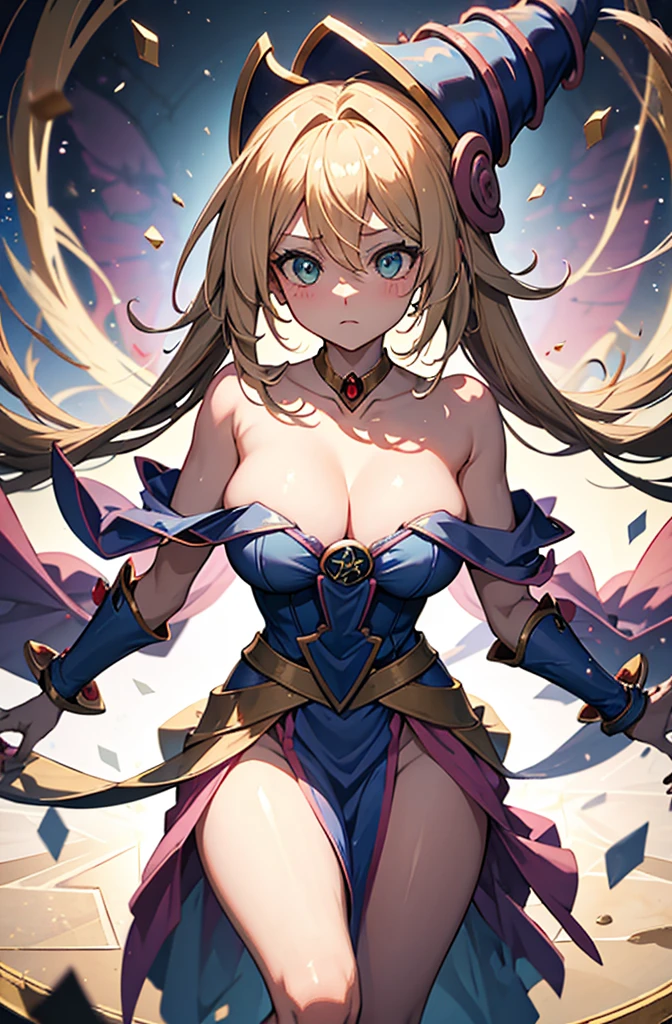 dark magician girl, duel monster, blush stickers, blonde hair, green eyes, long hair, breasts, blush, bangs, large breasts, hair between eyes, pentacle, pentagram, hat, dress, cleavage, bare shoulders, collarbone, choker, blue headwear, wizard hat, bracer, detached sleeves, highest quality,((highest quality)),((Tabletop)),((Perfect Face)),become close５Two fingered hand,1 girl,(Background Blur),, Unreasonable,Her figure is extremely beautiful, Emphasizing the dark and crazy elements. Skillfully expressing the effects of light and shadow, detailed, The face and expression are carefully drawn..., Artistic elements add depth to the work, With a unique artistic touch. This film is visually stimulating、Aesthetically pleasing.,sketch, Magic School