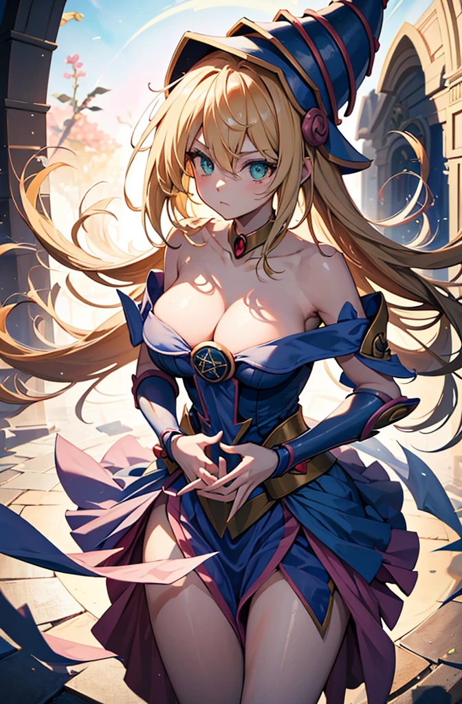 dark magician girl, duel monster, blush stickers, blonde hair, green eyes, long hair, breasts, blush, bangs, large breasts, hair between eyes, pentacle, pentagram, hat, dress, cleavage, bare shoulders, collarbone, choker, blue headwear, wizard hat, bracer, detached sleeves, highest quality,((highest quality)),((Tabletop)),((Perfect Face)),become close５Two fingered hand,1 girl,(Background Blur),, Unreasonable,Her figure is extremely beautiful, Emphasizing the dark and crazy elements. Skillfully expressing the effects of light and shadow, detailed, The face and expression are carefully drawn..., Artistic elements add depth to the work, With a unique artistic touch. This film is visually stimulating、Aesthetically pleasing.,sketch, Magic School