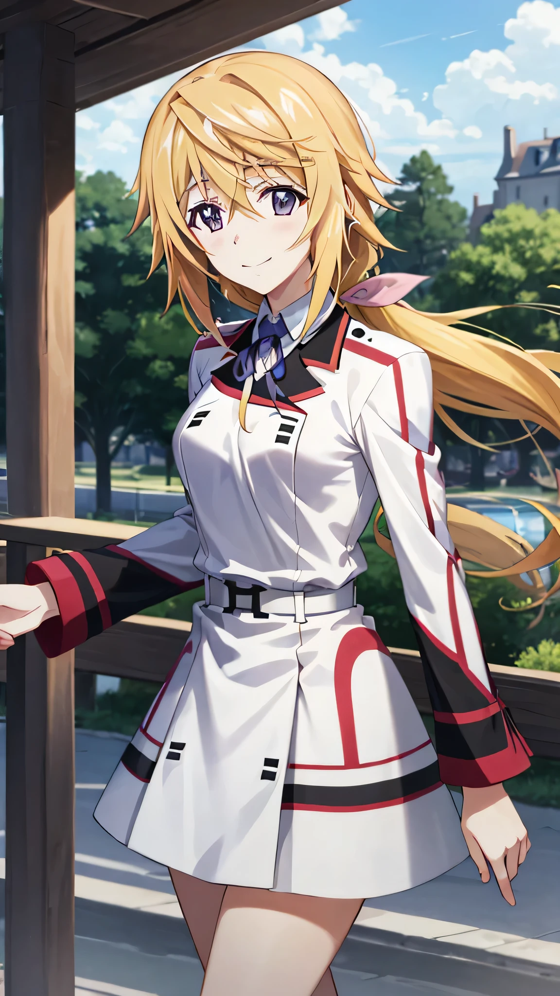 {{{masterpiece}}}, {{{best quality}}}, {{ultra-detailed}}, {illustration}, {{an extremely delicate and beautiful}}, 8k, nsfw, sd1, charlotte dunois(Infinite Stratos), long hair, blonde hair, pink hair ribbon, (purple eyes:1.1), ponytail, , military uniform, (white military uniform:1.5), blue neck ribbon, belt, long sleeves, BREAK, standing, smiling, outdoor, sky, public park, reaching out a hand