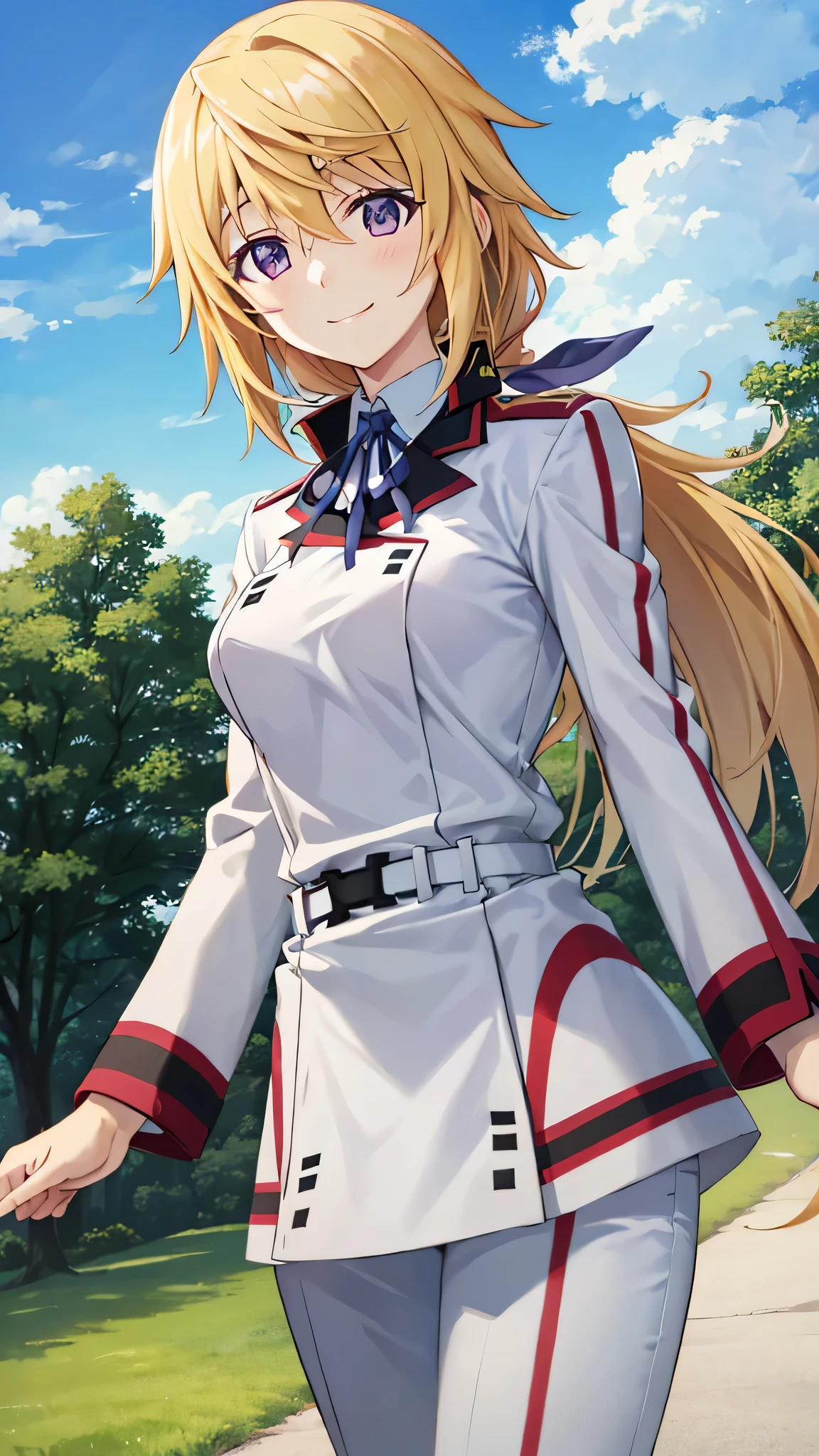 {{{masterpiece}}}, {{{best quality}}}, {{ultra-detailed}}, {illustration}, {{an extremely delicate and beautiful}}, 8k, nsfw, sd1, charlotte dunois(Infinite Stratos), long hair, blonde hair, pink hair ribbon, (purple eyes:1.1), ponytail, , military uniform, (white military uniform:1.5), blue neck ribbon, belt, long sleeves, BREAK, standing, smiling, outdoor, sky, public park, reaching out a hand