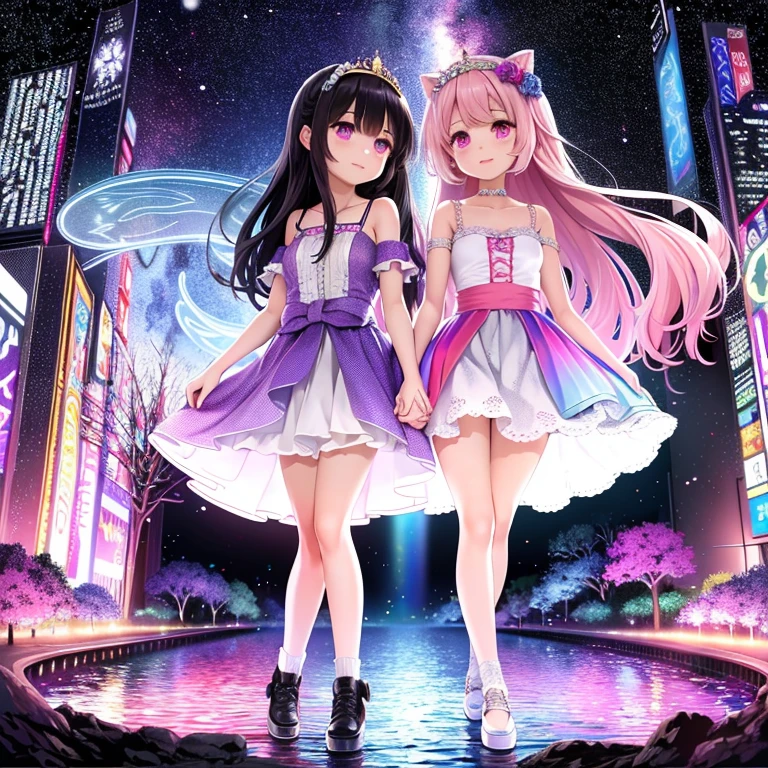 A colorful fantasy world,Two girls walking hand in hand,Rainbow Road,Iridescent tree々,A sparkling river flows,Unicorns running around,Fairies are flying,Ai Fukuhara,Pink Dress,I can see a little bit of her white panties under her skirt,Purple long hair,Flower crown,Black Hair Girl,Large breasts