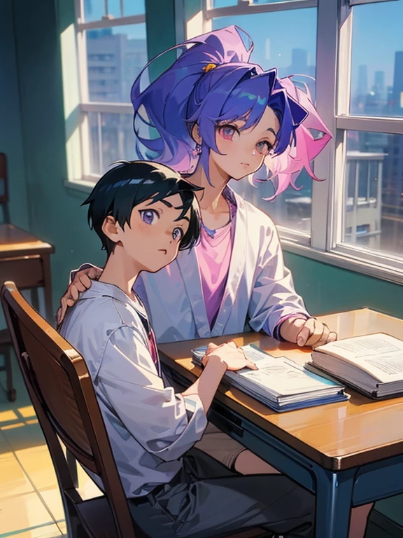 cartoon of two boys sitting at a table with a book and a backpack, ddlc, in the art style of 8 0 s anime, 9 0 s anime style, 90s anime style, in anime style, in an anime style, anime aesthetic, anime vibes, 9 0 s anime aesthetic, 9 0 s anime art style, lofi boy, typical anime classroom, beautiful background window, two cute boys, beautiful faces, two boys, don't extra hands, NO extra hands, generate two boys with NO extra hands, NO extra arm