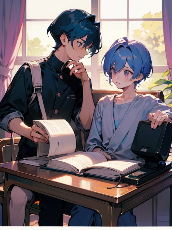 cartoon of two boys sitting at a table with a book and a backpack, ddlc, in the art style of 8 0 s anime, 9 0 s anime style, 90s anime style, in anime style, in an anime style, anime aesthetic, anime vibes, 9 0 s anime aesthetic, 9 0 s anime art style, lofi boy, typical anime classroom, beautiful background window, two cute boys, beautiful faces, two boys, don't extra hands, NO extra hands, generate two boys with NO extra hands, NO extra arm