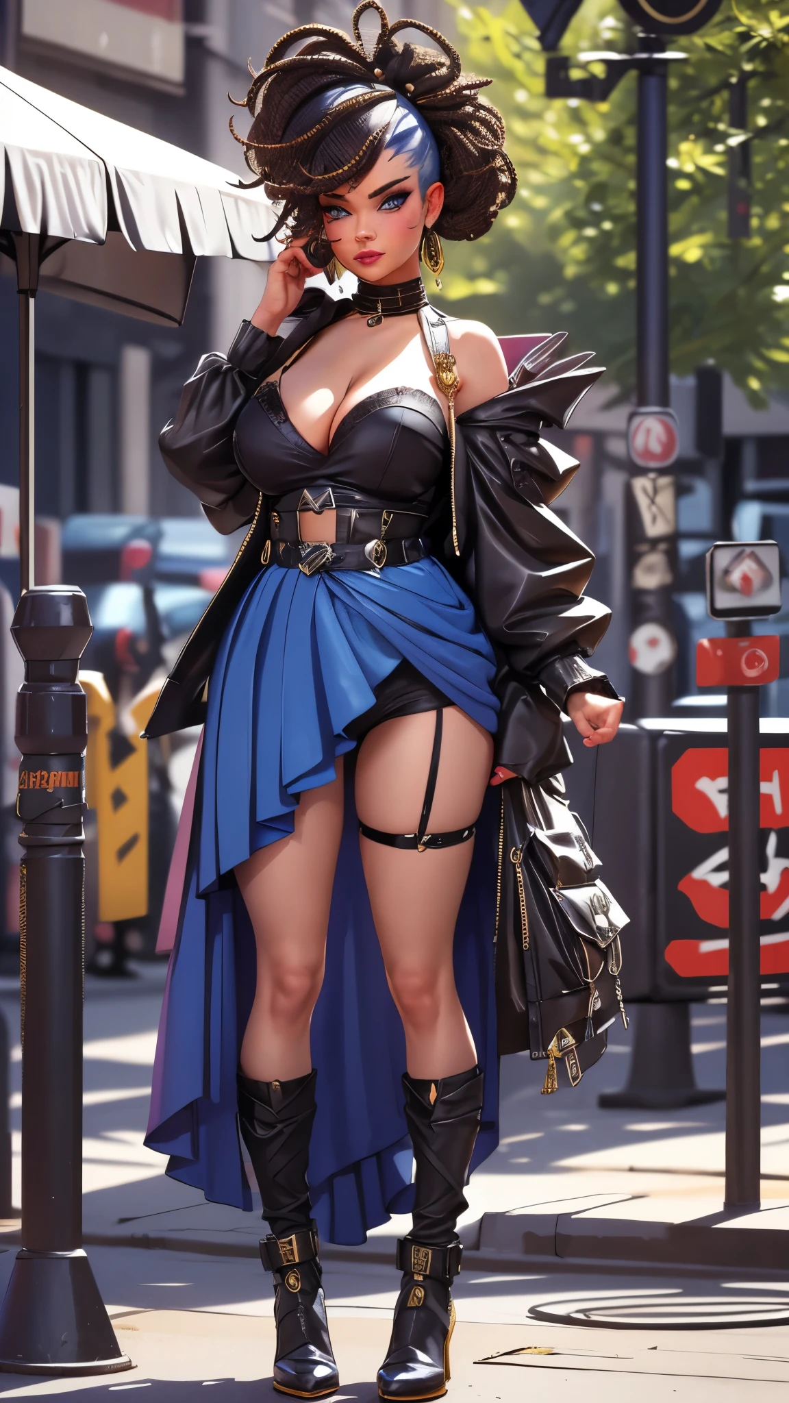 (masterpiece:1.2, best quality), (real picture, intricate details), (1lady, solo, curvy upper body, big ) The clothes are royal blue and gold ar:avant-garde,avant-garde,Experiment with appearance:curlies,Dramatic makeup,Unconventional fashion choice behavior:rebelliousness、non-conformist、Provocation location:demon eyes,urban art district、Underground music venues Hobbies:Particiwpation in punk shows、creating mixed media art、Try different subcultural values:individuality、Realiy、Creative expression of inspiration:goth artmusic、Counterculture icons,Avant-garde art movement character traits:boldness、boldness、act outside the box