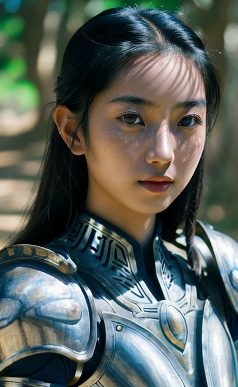 Asian girl, 20s, (portrait masterpiece), (realistic), (quaint armor, extremely detailed), bright metal reflection on the armor, harsh sunlight, focus Close-up of girl's face, mythical movie color effects