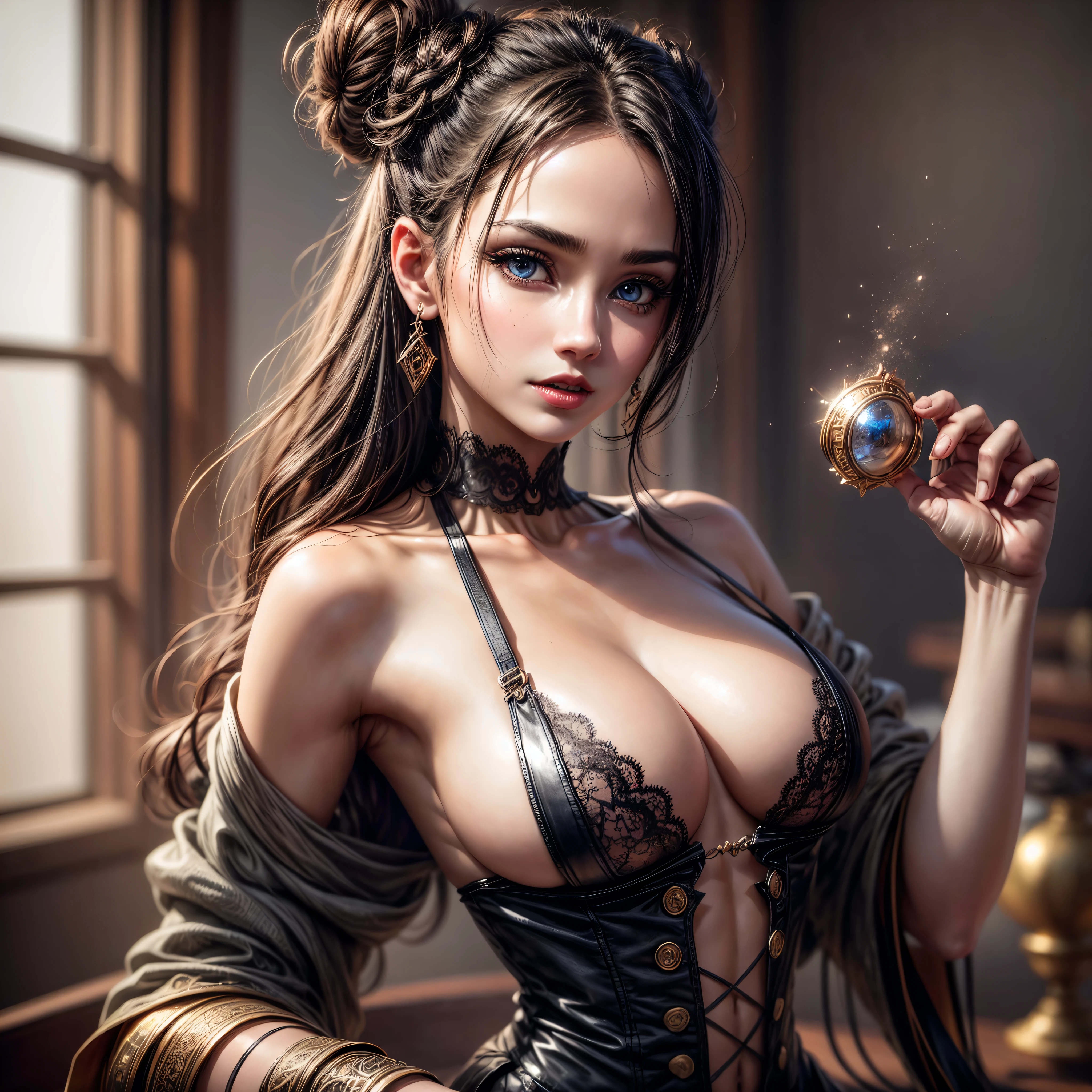 (best quality), (realistic, photorealistic:1.3), extremely delicate and beautiful, amazing, finely detailed, masterpiece, ultra-detailed, high-resolution, best illustration, best shadow, complicated, (dramatic lighting: 1.4), sharp focus, volumetric fog, 8k UHD, DSLR, high quality, (film grain: 1.4), Fujifilm XT3, beautiful natural female, cute face, skin pores, beautiful anime girl wears a demon steampunk outfit, messy bun, intricate, red lips, seductive glance, tan, ultra realistic eyes, stunning eyes, cleavage, hourglass body, medium breasts, bare breasts, small nipples, trending on artstation, upper body shot, in a beautiful majestic old castle, luminescence, radiant colors