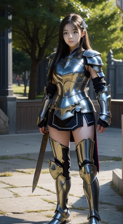 Asian girl, 20 years old, (full body shot masterpiece), (realistic), (quaint armor, extremely detailed), bright metal reflections on the armor, harsh, negative sunlight Sharp points of armor, color effects of mythological movies