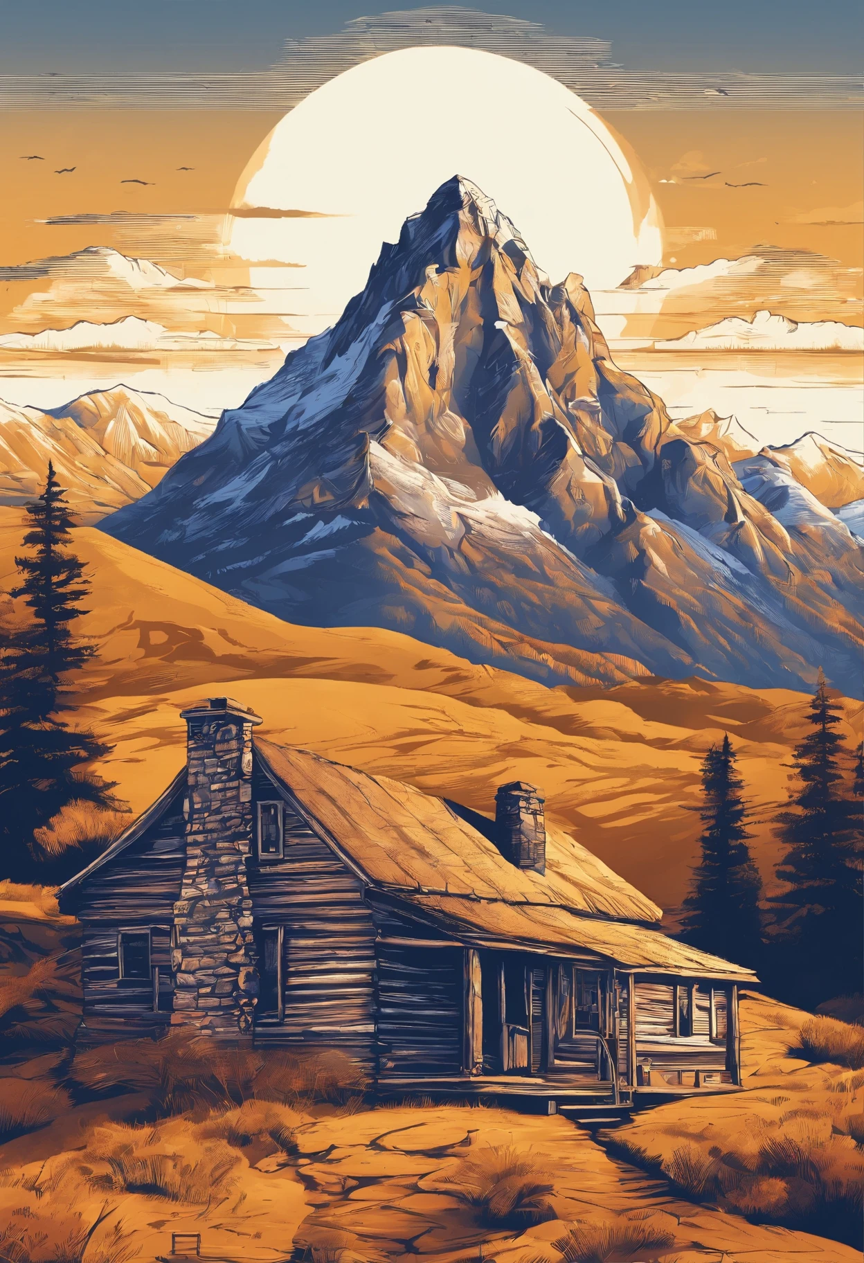 Printable vector t-shirt design, Adventure scenes with explorers, With beautiful evening sunlight and mountains in the background, Clean white background, Professional Vector, panoramic, 8k resolution, Deep print illustration, A collapsed American house on the top of a mountain seen from a distance