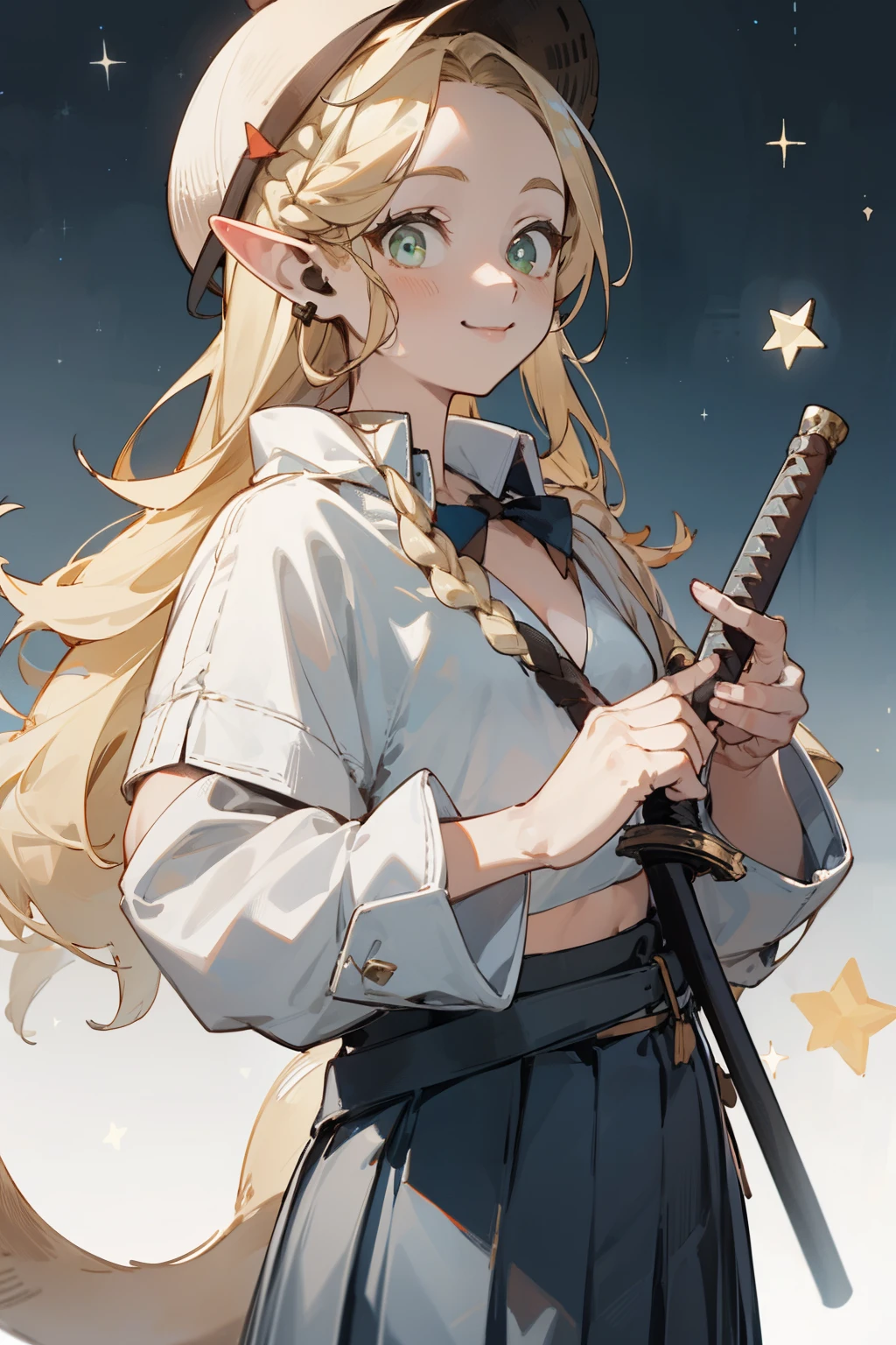 Wearing a bikini、Wearing a straw hat and a sword,Wearing headphones, (masterpiece, best quality) detailed,silver accessories , Blonde ,elegant, Pointed ears ,Chinese element pattern,Wear a white shirt,Navel exposed,