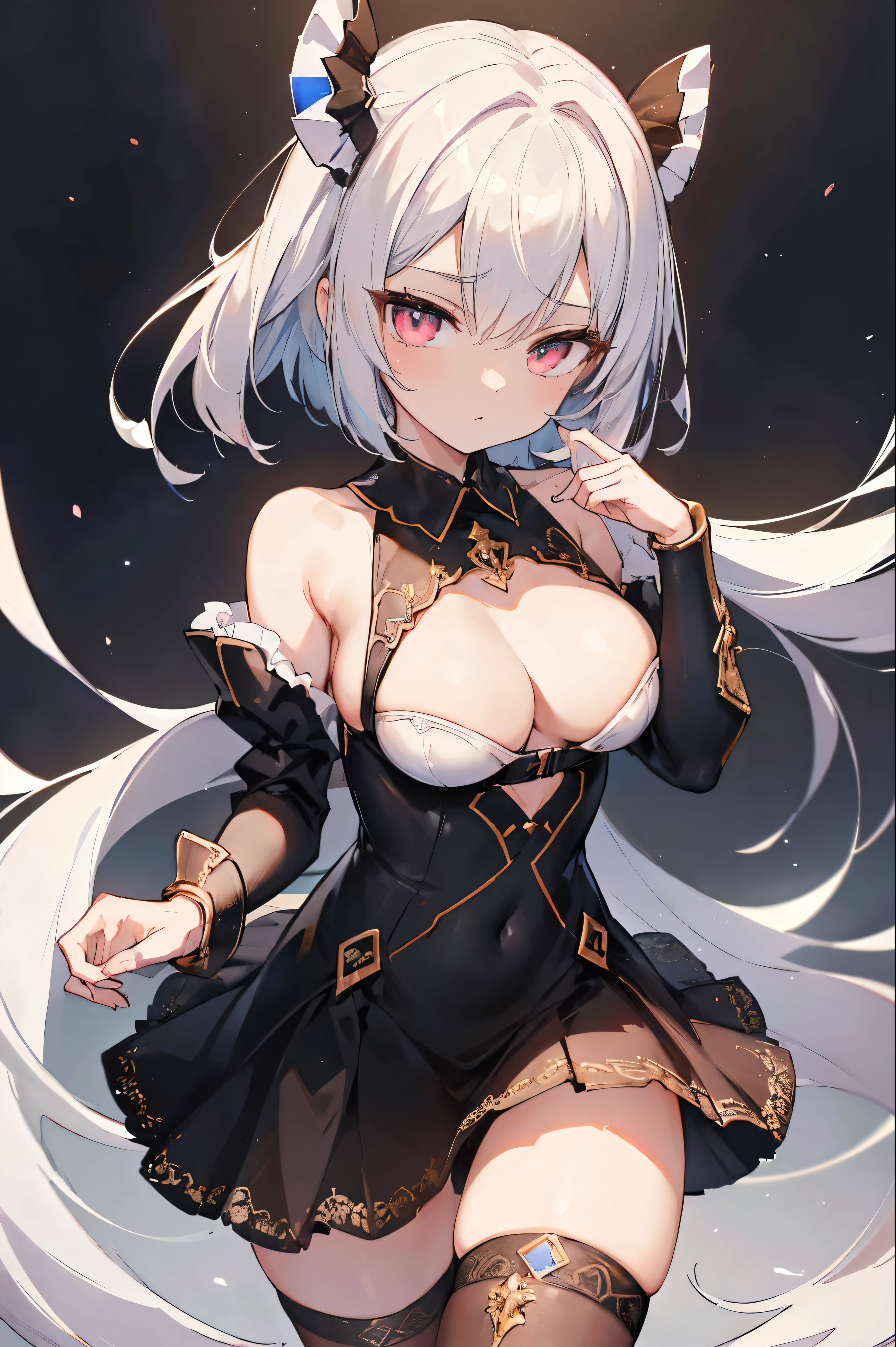 1girl, anime, cute girl, blank background, white background, fantasy, detailed fantasy dress with highlights, beautiful face, beautiful eyes, dark colors, black hair with multicolor streaks, red eye with different color pupil in eye, multicolor eye, medium breasts, slight cleavage, beautiful skin, cute, breast curtains, extremely delicate and beautiful, (beautiful detailed face:1.0), (detailed deep eyes), symmetrical breasts, deep eyes, shiny skin, portrait, slender waist, hips wider than shoulders, thighs, expressionless, young girl, luminous eyes, adorable,(Kpop idol),(aegyo sal:1),(Platinum blonde hair:1),((puffy eye)),Black panty,sexy posture,Superskirt, Ultra-high resolution,Black collar,slim figure, Abdominal y tattoo, womb tattoo,Tight-fitting leg ring,y tattoo on half-body,Bare skin, Armored hand,Hidden fingertips,Hand covered,Arm covered,Fist covered,{{beautiful detailed fingers}}, tufts of hair, moderate beautiful breast:1.0,(masterpiece:1.2), best quality, high-res, HDR, perfect face, intricate armor, delicate blue filigree, intricate filigree, red metalic parts, detailed part, dynamic pose, dynamic lights, cute face, neutral expression