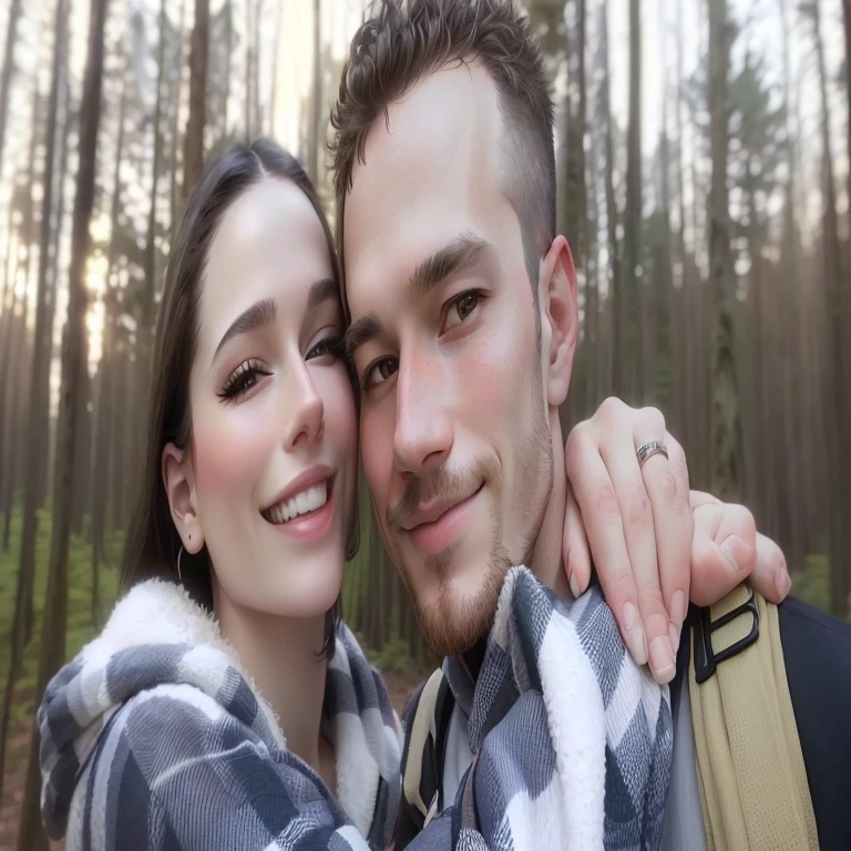 Man and woman taking selfie in forest, The picture is very, very low quality, forest in the background, couple portrait, against the backdrop of the forest, happy couple, Profile picture 1024px, Profile picture, photo on snapchat, filmed in early 2020s, Both smile at the camera, couple portrait