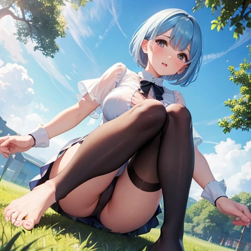 masterpiece, highest quality, High resolution,  short hair， Short skirt、Drooping eyes，Outdoor，barefoot，Looking up，Embarrassed face，Angle from below、Big Breasts，Spread your legs、Witch Cosplay、White underwear、See-through、Blue Hair、Black ami tights、On all fours