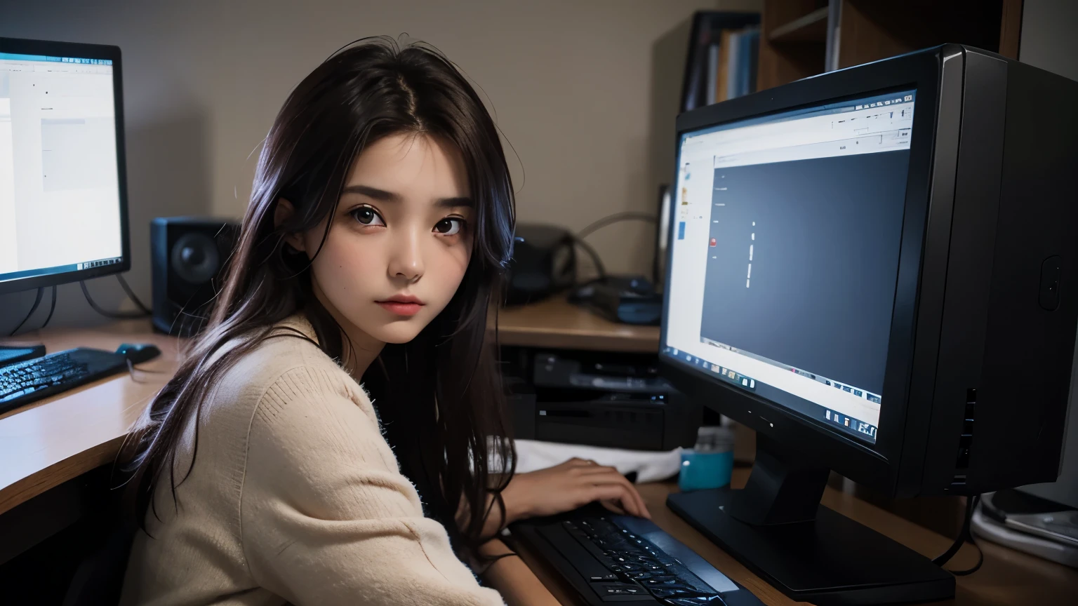 A beautiful woman. Twenty years old. Dark brown hair. She is sitting in front of the computer. She is looking at the camera with a defiant expression.