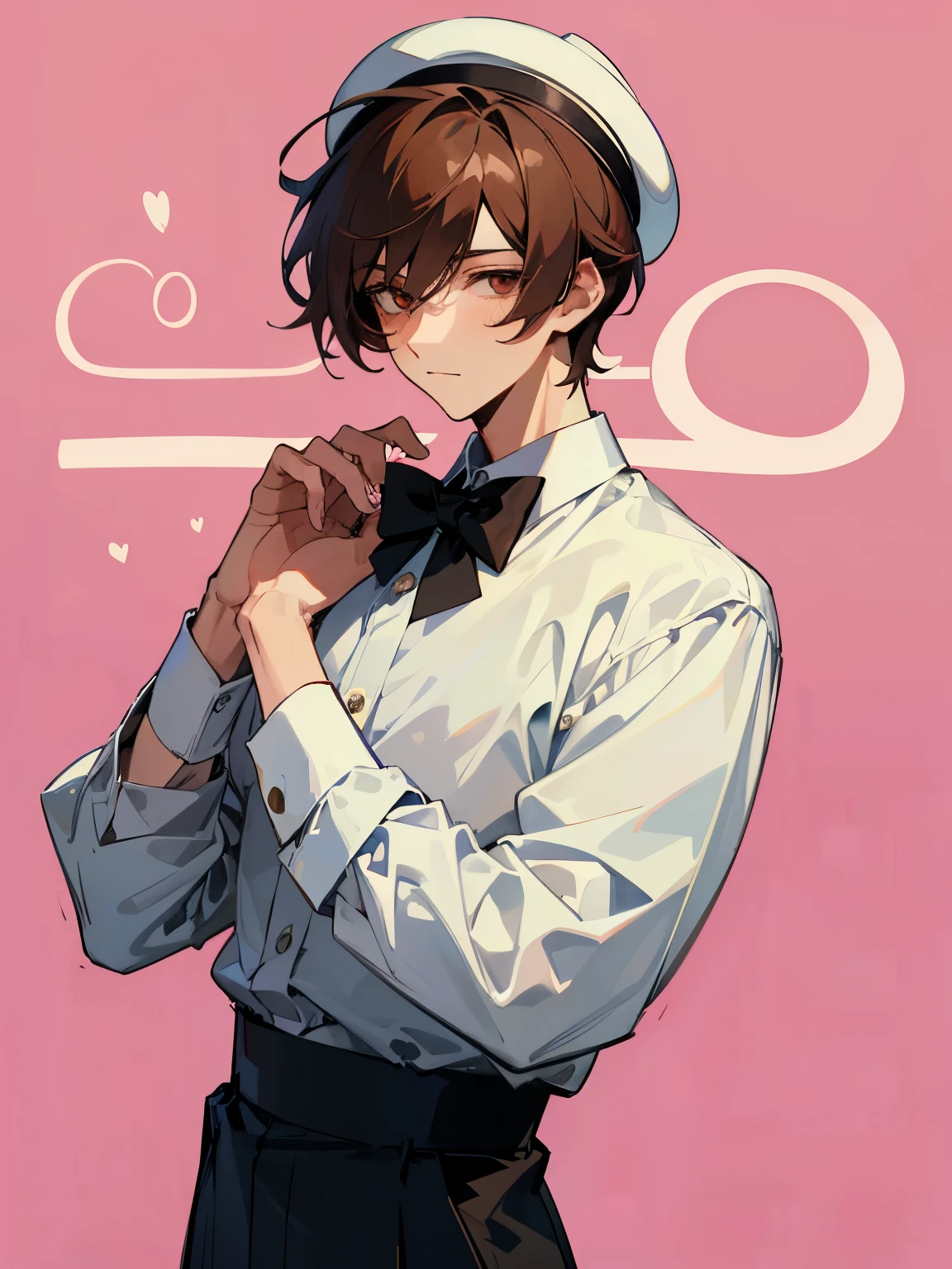 cartoon of a young man standing, with a black loop bow tie and with a white milkman hat, ddlc, in the art style of 8 0 s anime, 9 0 s anime style, 90s anime style, in anime style, in an anime style, anime aesthetic, anime vibes, 9 0 s anime aesthetic, 9 0 s anime art style, lofi boy, typical anime street background, beautiful background window, one young man, beautiful face, young man, don't extra hands, NO extra hands, generate a young man with NO extra hands, NO extra arm, white shirt, white milkman hat, tired eyes, beautiful tired eyes, brown short hair, brown hair, short hair, dark eyes, beautiful tired dark eyes, cute anime young man, based on Francis Mosses from that's not my neighbor, Francis Mosses the milkman, Francis Mosses the milkman from that's not my neighbor, beautiful face, sexy face, pretty pose, beautiful body, beautiful sexy young man with white shirt 