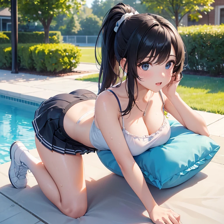 (best quality,4k,8k,highres,masterpiece:1.2),ultra-detailed,(realistic,photorealistic,photo-realistic:1.37),ponytail,black hair,high school girl,mini skirt,poolside, all fours,sideways angle,sunlight,bright colored clothes,slightly exposed necklin, White camisole、Blue mini skirt、Place a large pillow under your body