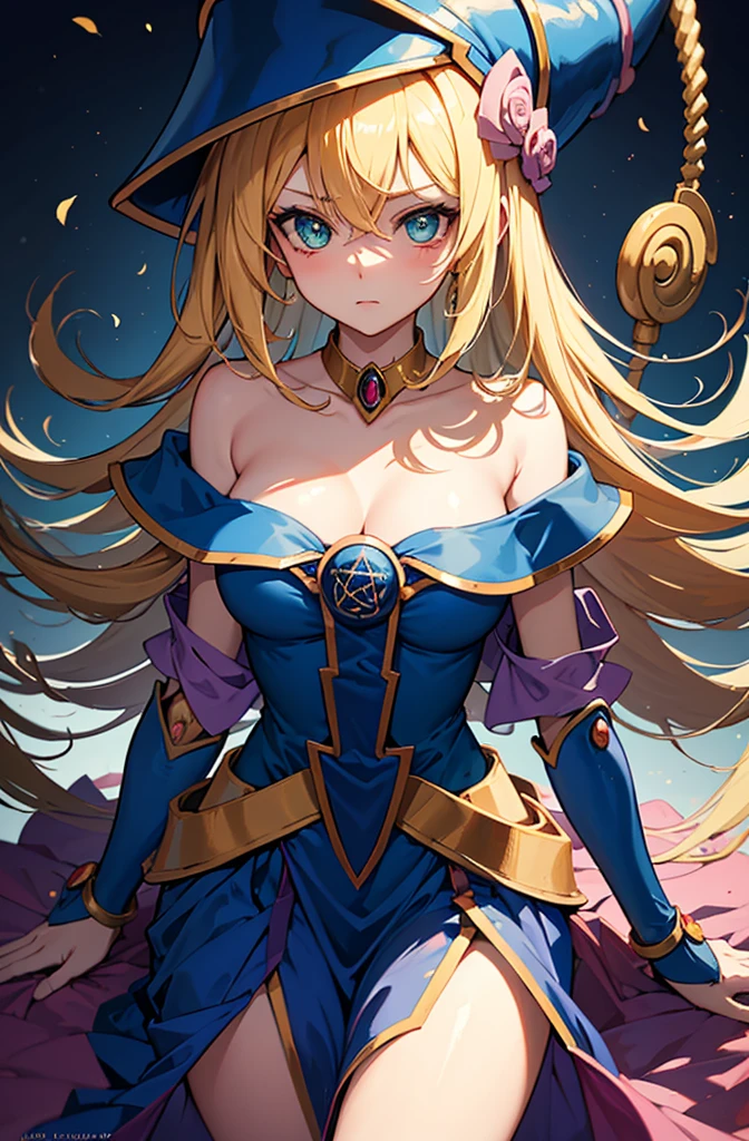 dark magician girl, duel monster, blush stickers, blonde hair, green eyes, long hair, breasts, blush, bangs, large breasts, hair between eyes, pentacle, pentagram, hat, dress, cleavage, bare shoulders, collarbone, choker, blue headwear, wizard hat, bracer, detached sleeves, highest quality,((highest quality)),((Tabletop)),((Perfect Face)),become close5Two fingered hand,1 girl,(Background Blur),, Unreasonable,Her figure is extremely beautiful, Emphasizing the dark and crazy elements. Skillfully expressing the effects of light and shadow, detailed, The face and expression are carefully drawn..., Artistic elements add depth to the work, With a unique artistic touch. This film is visually stimulating、Aesthetically pleasing.,sketch, Magic School
