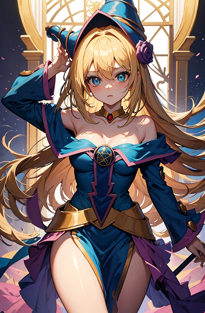 dark magician girl, duel monster, blush stickers, blonde hair, green eyes, long hair, breasts, blush, bangs, large breasts, hair between eyes, pentacle, pentagram, hat, dress, cleavage, bare shoulders, collarbone, choker, blue headwear, wizard hat, bracer, detached sleeves, highest quality,((highest quality)),((Tabletop)),((Perfect Face)),become close５Two fingered hand,1 girl,(Background Blur),, Unreasonable,Her figure is extremely beautiful, Emphasizing the dark and crazy elements. Skillfully expressing the effects of light and shadow, detailed, The face and expression are carefully drawn..., Artistic elements add depth to the work, With a unique artistic touch. This film is visually stimulating、Aesthetically pleasing.,sketch, Magic School