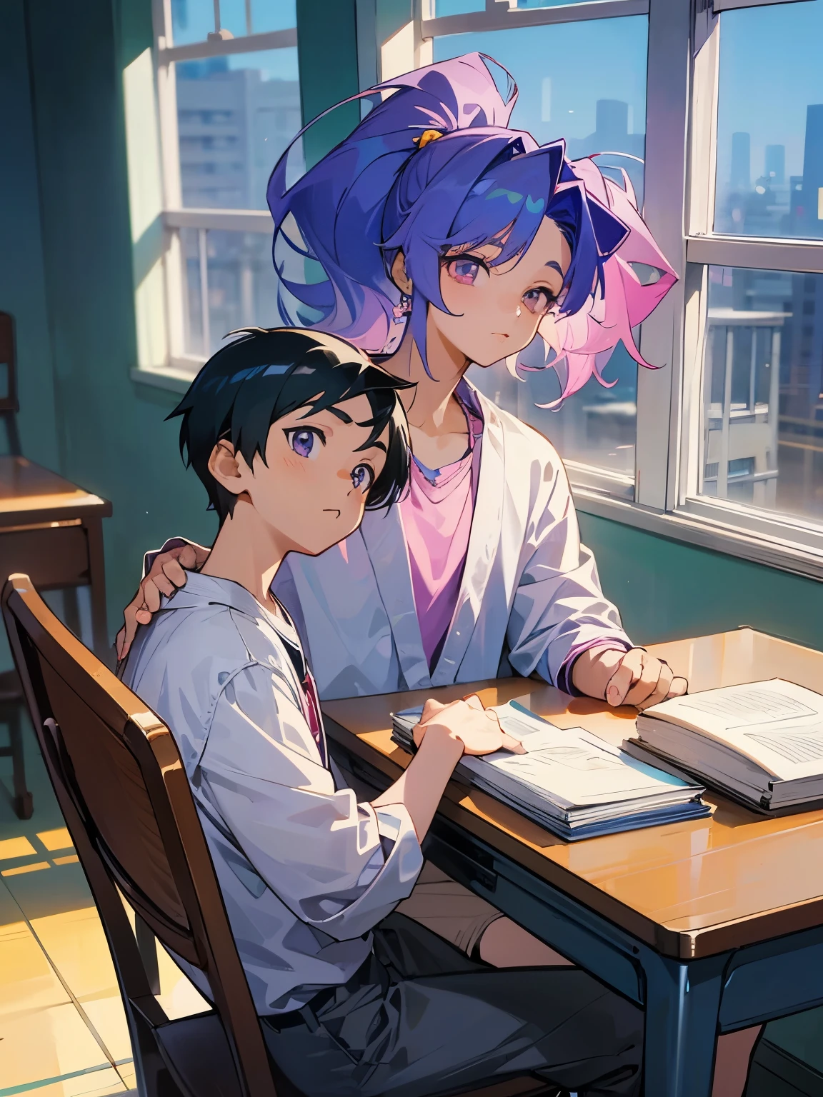 cartoon of two boys sitting at a table with a book and a backpack, ddlc, in the art style of 8 0 s anime, 9 0 s anime style, 90s anime style, in anime style, in an anime style, anime aesthetic, anime vibes, 9 0 s anime aesthetic, 9 0 s anime art style, lofi boy, typical anime classroom, beautiful background window, two cute boys, beautiful faces, two boys, don't extra hands, NO extra hands, generate two boys with NO extra hands, NO extra arm