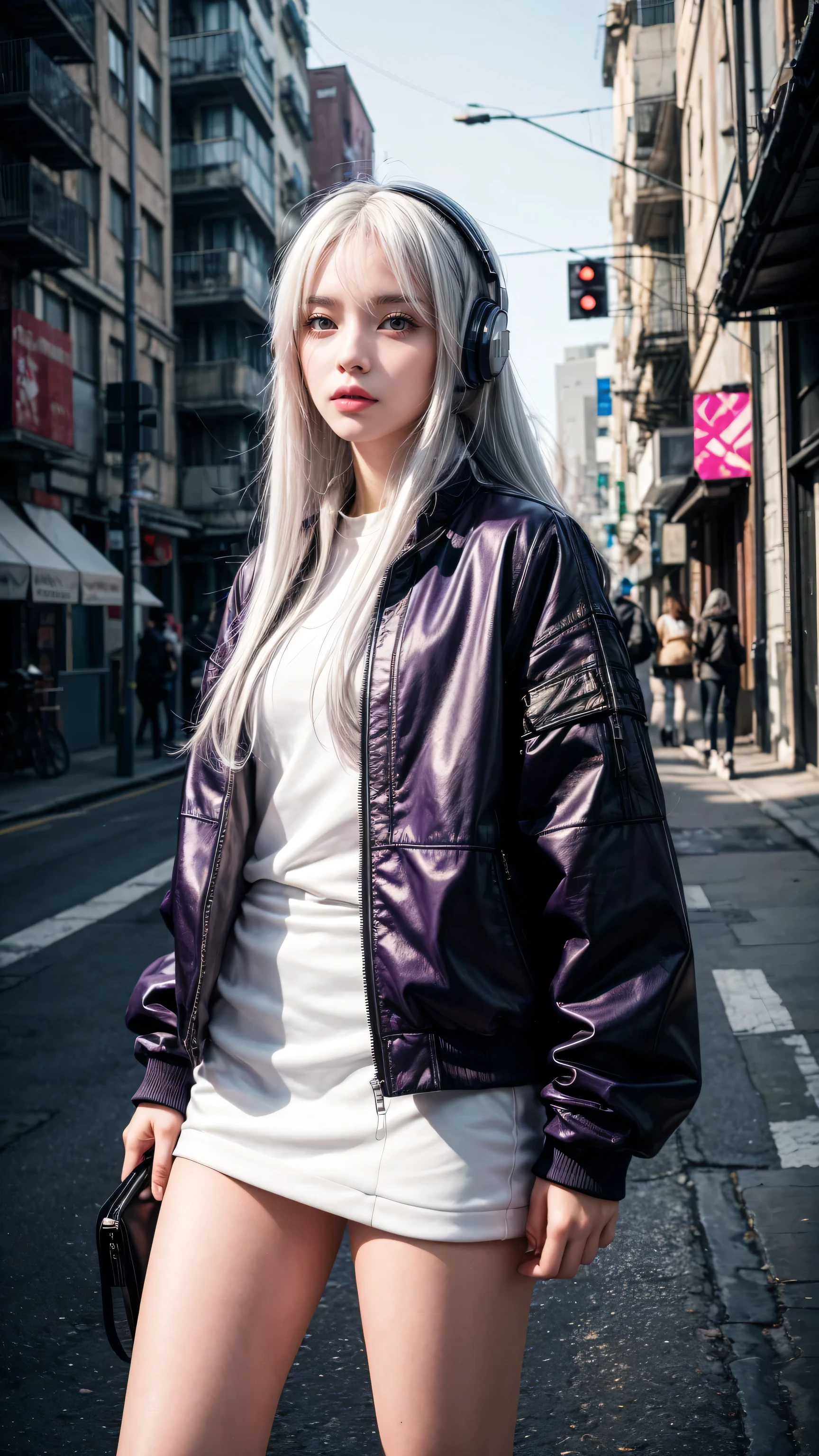 1 Girl, white hair, Long hair, A masterpiece of technical clothing, best quality, Practical, realism, Dark purple jacket, portrait, Delicate eyes, Put on your headphones, Platinum Hair, 21 year old girl, Fashion pose, Half Body, Wide-angle shooting, on the street, Cyberpunk