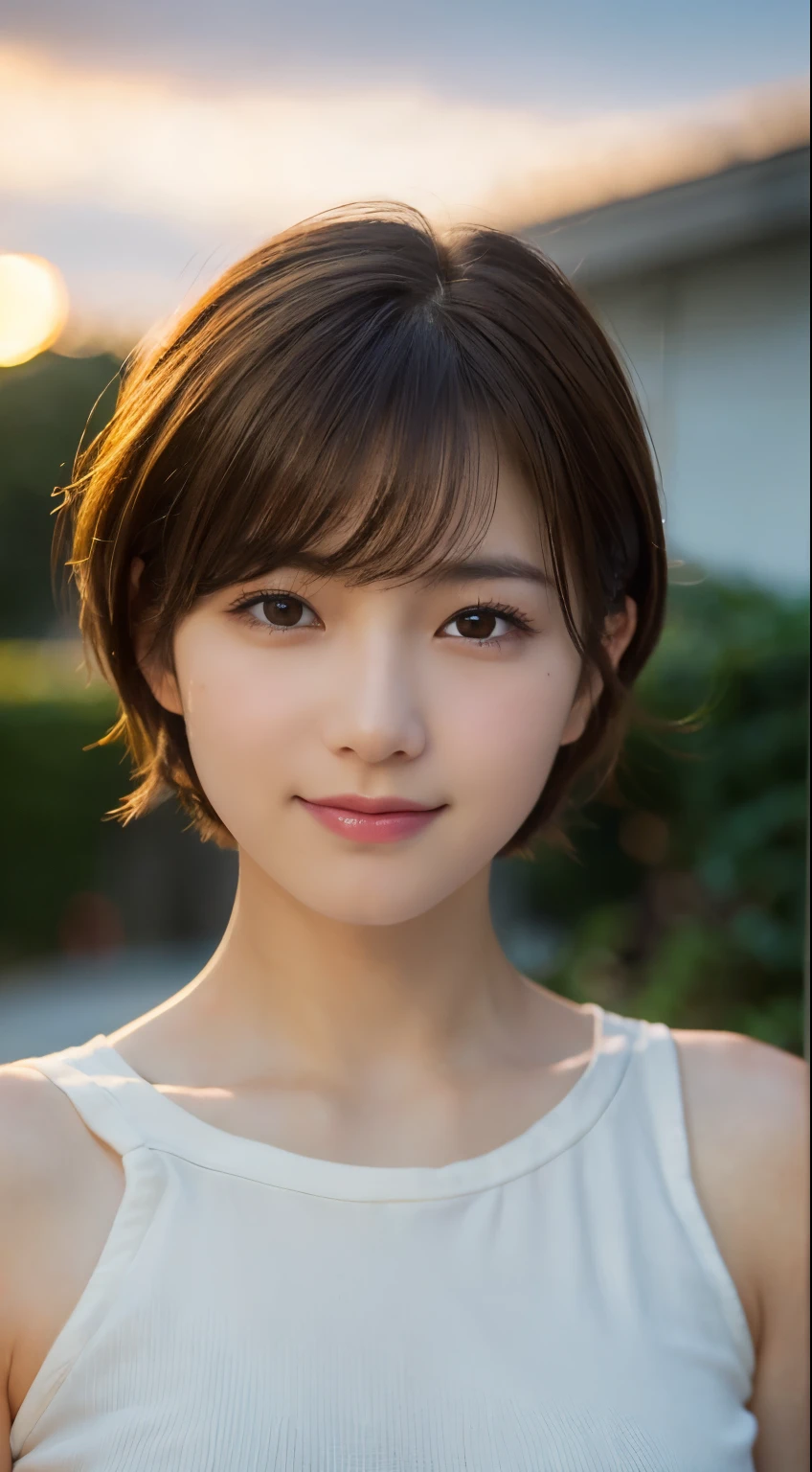 (highest quality,8K quality,masterpiece:1.3),Very small breasts、Small breasts、(Ultra-high resolution,Realistic:1.4,Live Shooting),(Very detailed,Caustics,Detailed Background),(Ultra-Realistic Capture,Beautiful and detailed skin,Perfect Anatomy),At dusk,Sunset sky,School building,Schoolyard,,cute,single eyelid,Brown short-cut hair,camisole,Looking at the camera,A sloppy smile,Bust up shot,Natural light