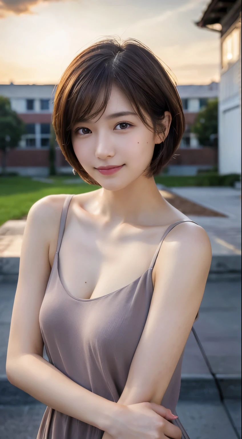 (highest quality,8K quality,masterpiece:1.3),Very small breasts、Small breasts、(Ultra-high resolution,Realistic:1.4,Live Shooting),(Very detailed,Caustics,Detailed Background),(Ultra-Realistic Capture,Beautiful and detailed skin,Perfect Anatomy),At dusk,Sunset sky,School building,Schoolyard,,cute,single eyelid,Brown short-cut hair,camisole,Looking at the camera,A sloppy smile,Bust up shot,Natural light