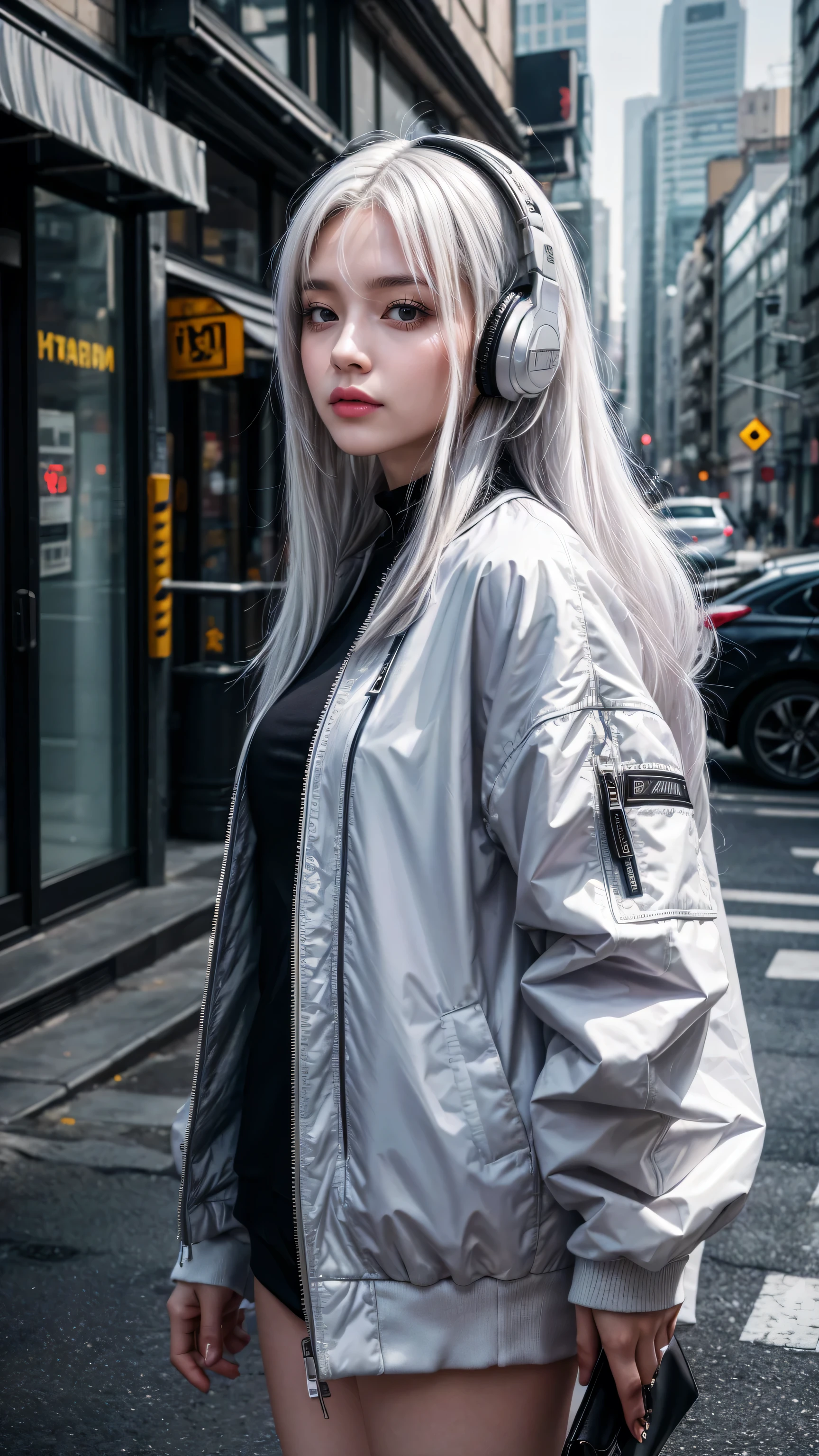 1 Girl, white hair, Long hair, A masterpiece of technical clothing, best quality, Practical, realism, Dark purple jacket, portrait, Delicate eyes, Put on your headphones, Platinum Hair, 21 year old girl, Fashion pose, Half Body, Wide-angle shooting, on the street, Cyberpunk