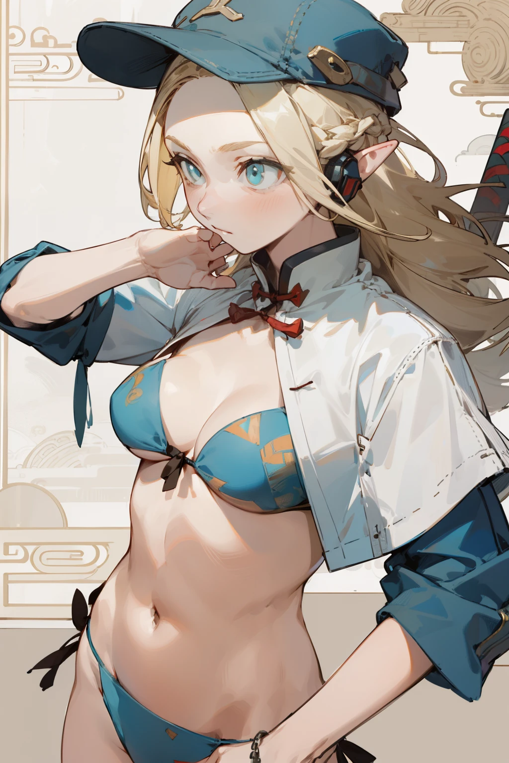 Wearing a bikini、Wearing a hat and a sword,Wearing headphones, (masterpiece, best quality) detailed,silver accessories , Blonde ,elegant, Pointed ears ,Chinese element pattern,Wear a white shirt,Navel exposed,