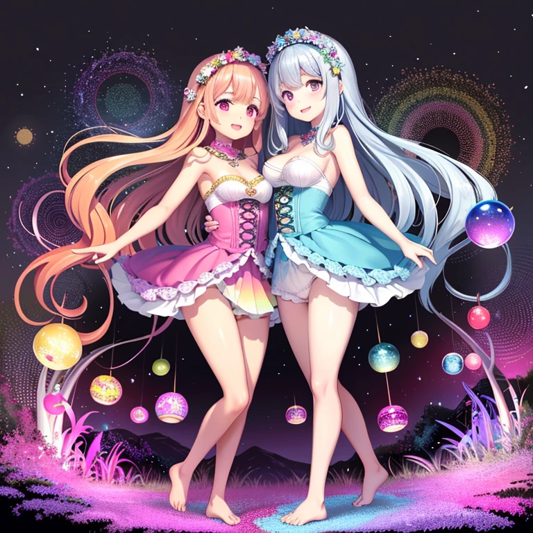 A colorful fantasy world,Two women walking hand in hand,Rainbow Road,Iridescent tree々,A sparkling river flows,Unicorns running around,Fairies are flying,Ai Fukuhara,Pink Dress,I can see a little bit of her white panties under her skirt,Purple long hair,Flower crown,Black-haired woman,Large breasts
