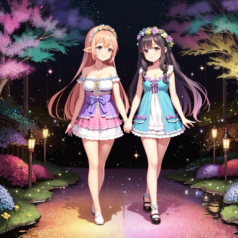 A colorful fantasy world,Two women walking hand in hand,Rainbow Road,Iridescent tree々,A sparkling river flows,Unicorns running around,Fairies are flying,Ai Fukuhara,Pink Dress,I can see a little bit of her white panties under her skirt,Purple long hair,Flower crown,Black-haired woman,Large breasts