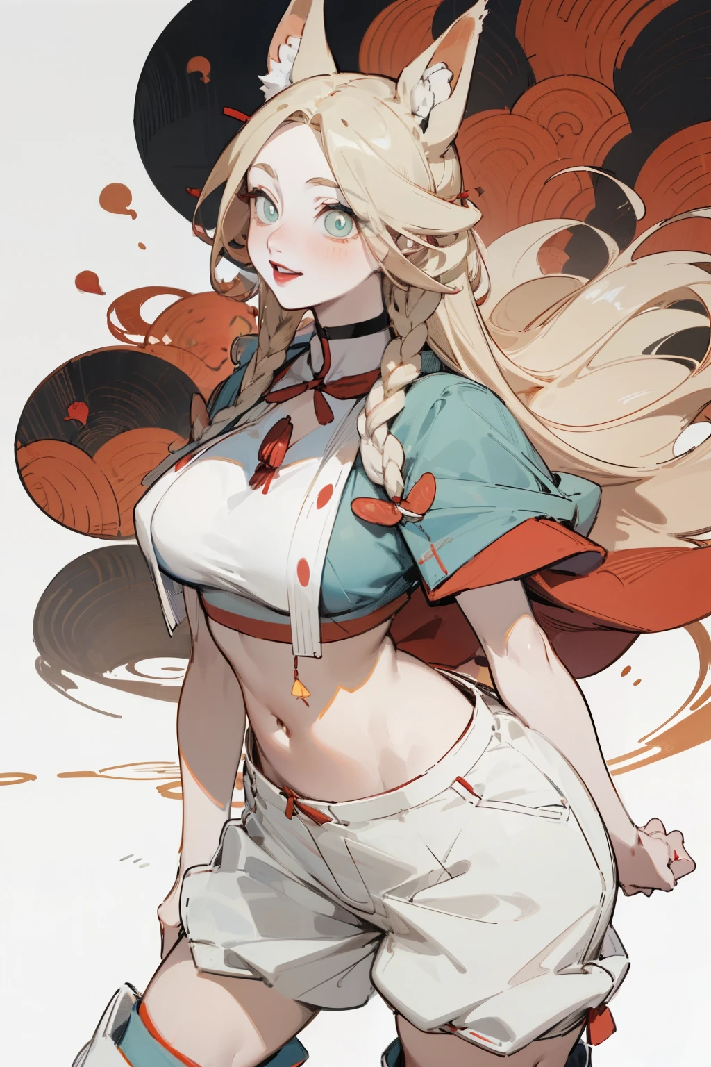 (masterpiece, best quality) detailed, Wearing black tights , Blonde ,elegant, (Fox ears),Red Eyeshadow, Chinese element pattern,thigh,漏出thigh,White shirt,Deep V one-piece swimsuit,Large Breasts,Bunny Girl