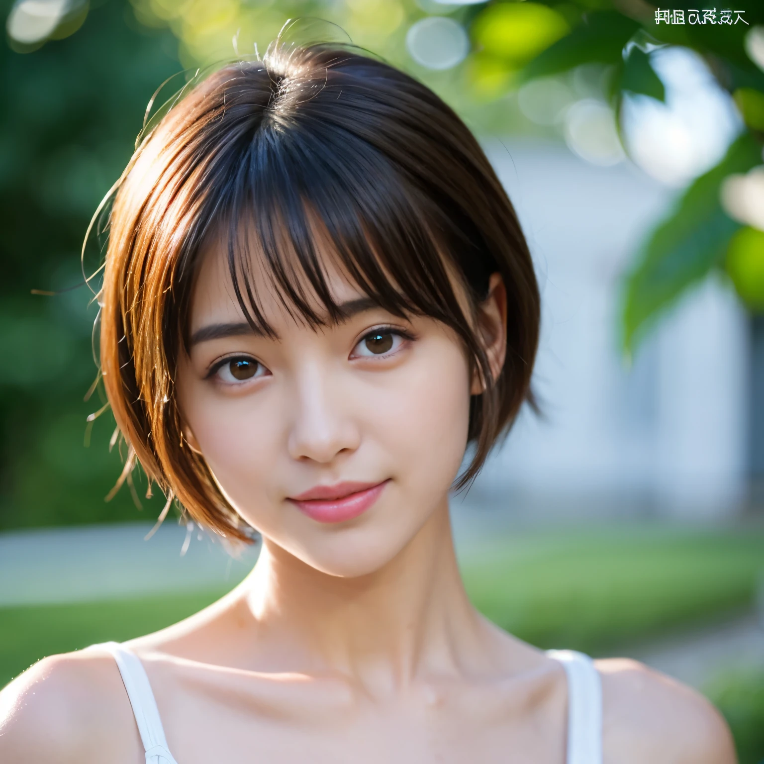 Best-quality, Masterpiece, Ultra-High-Resolution, (Photorealistic:1.8), Raw Photo, depth of field, professional lighting, perfect anatomy, extremely details, 1girl, Japanese idol, face close-up, extremely cute face, extremely beautiful big-eyes, extremely beautiful black-short-cut-haired, extremely beautiful skins, realistic skin texture, extremely beautiful long-eyelashes, extremely beautiful lips, wearing brightly-white camisole, looking at viewer, innocent smile