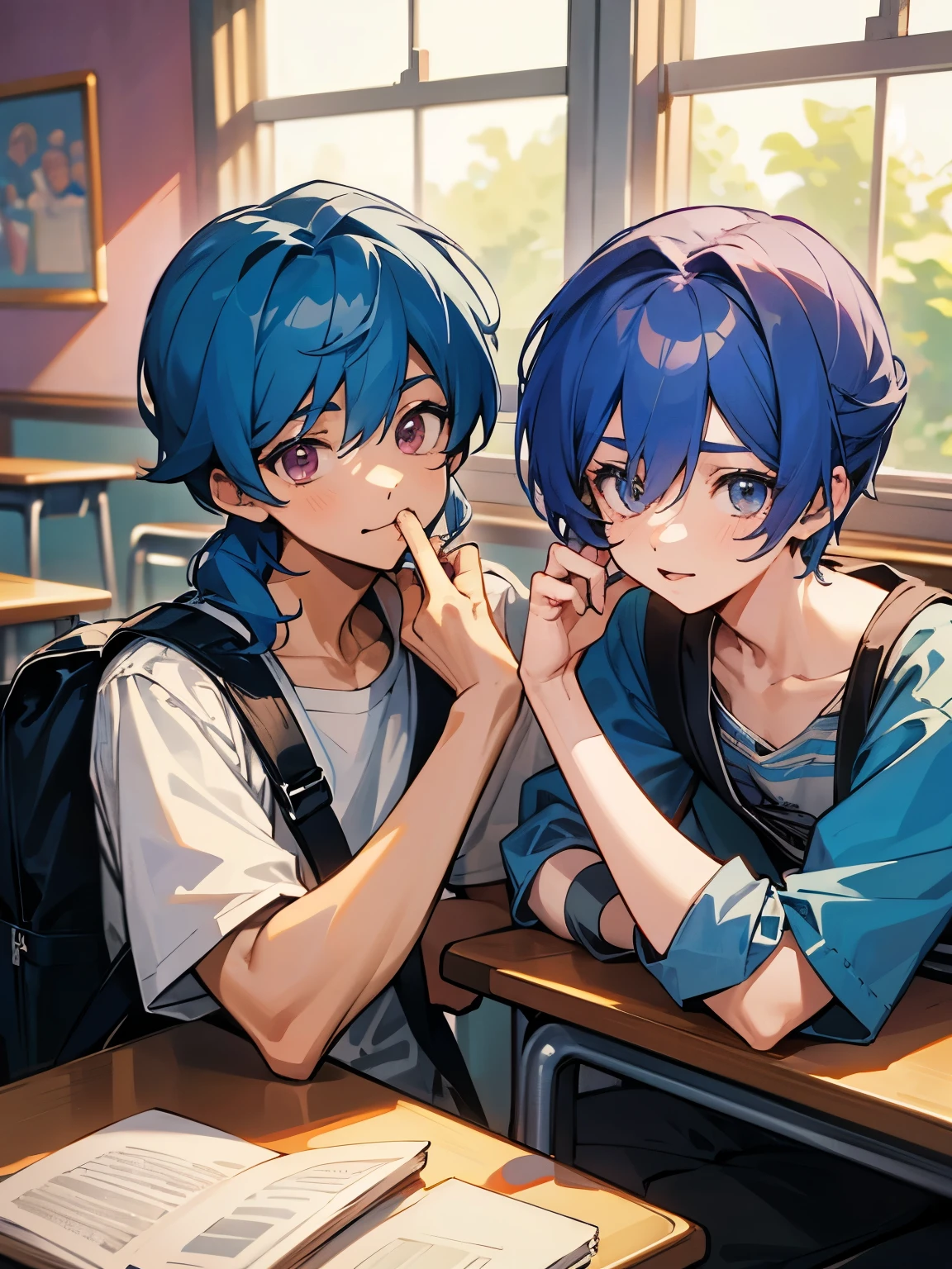 cartoon of two boys sitting at a table with a book and a backpack, ddlc, in the art style of 8 0 s anime, 9 0 s anime style, 90s anime style, in anime style, in an anime style, anime aesthetic, anime vibes, 9 0 s anime aesthetic, 9 0 s anime art style, lofi boy, typical anime classroom, beautiful background window, two cute boys, beautiful faces, two boys, don't extra hands, NO extra hands, generate two boys with NO extra hands, NO extra arm