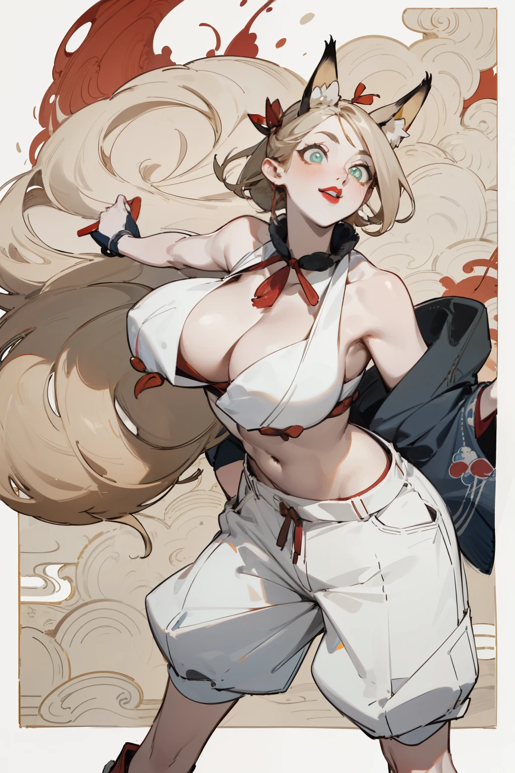 Upper body standing painting, White skin, (Fox ears), Exquisite eyes,Red Eyeshadow, Red lips，White shorts,Fake laugh, Ukiyo-e, masterpiece, high quality, at the lowest limit, Tiny,White boots，Huge breasts,The navel leaks out