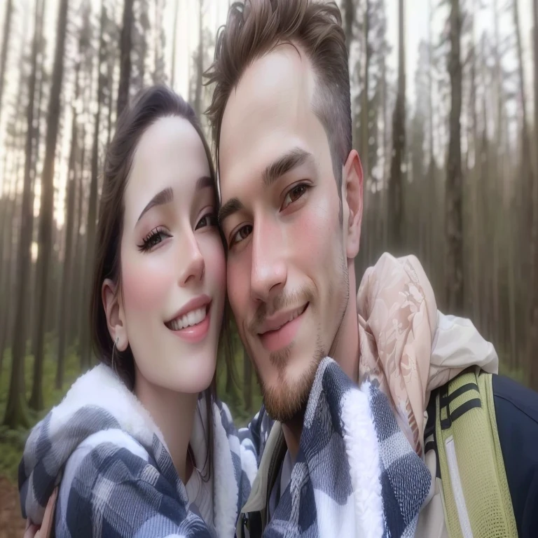 Man and woman taking selfie in forest, The picture is very, very low quality, forest in the background, couple portrait, against the backdrop of the forest, happy couple, Profile picture 1024px, Profile picture, photo on snapchat, filmed in early 2020s, Both smile at the camera, couple portrait, soft anime filter